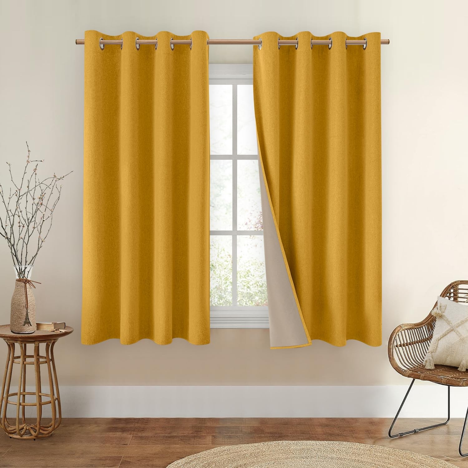 100% Blackout Curtains 63 Inch Length 2 Panels Mustard Yellow Room Darkening Fau