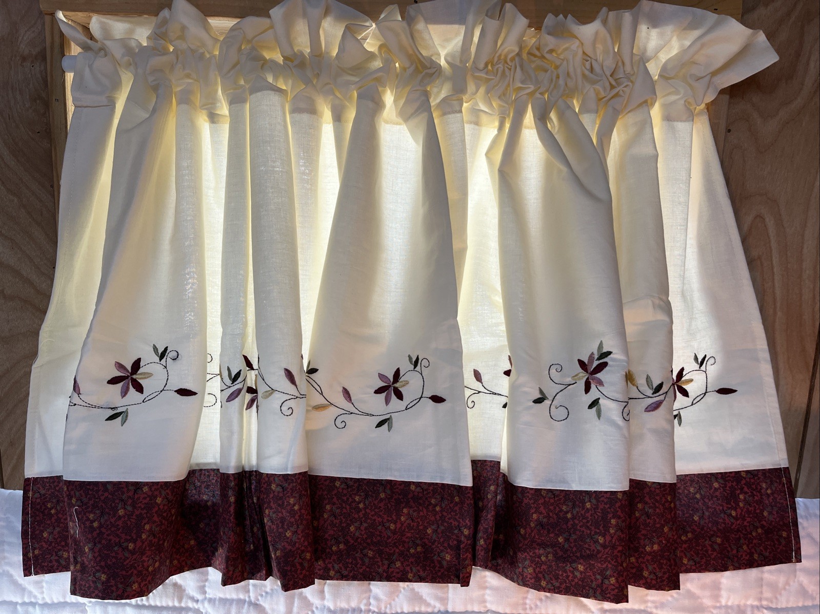 Cotton Window Valance Off White w/ Maroon Floral design 82” X 20.5” Lot of (3)