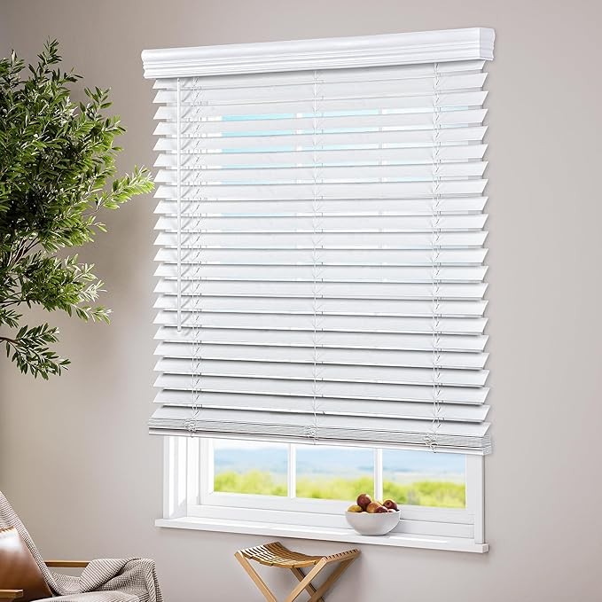 Cordless 2″ Faux Wood Blinds Crown Valance 30″ W x 60″ H White
