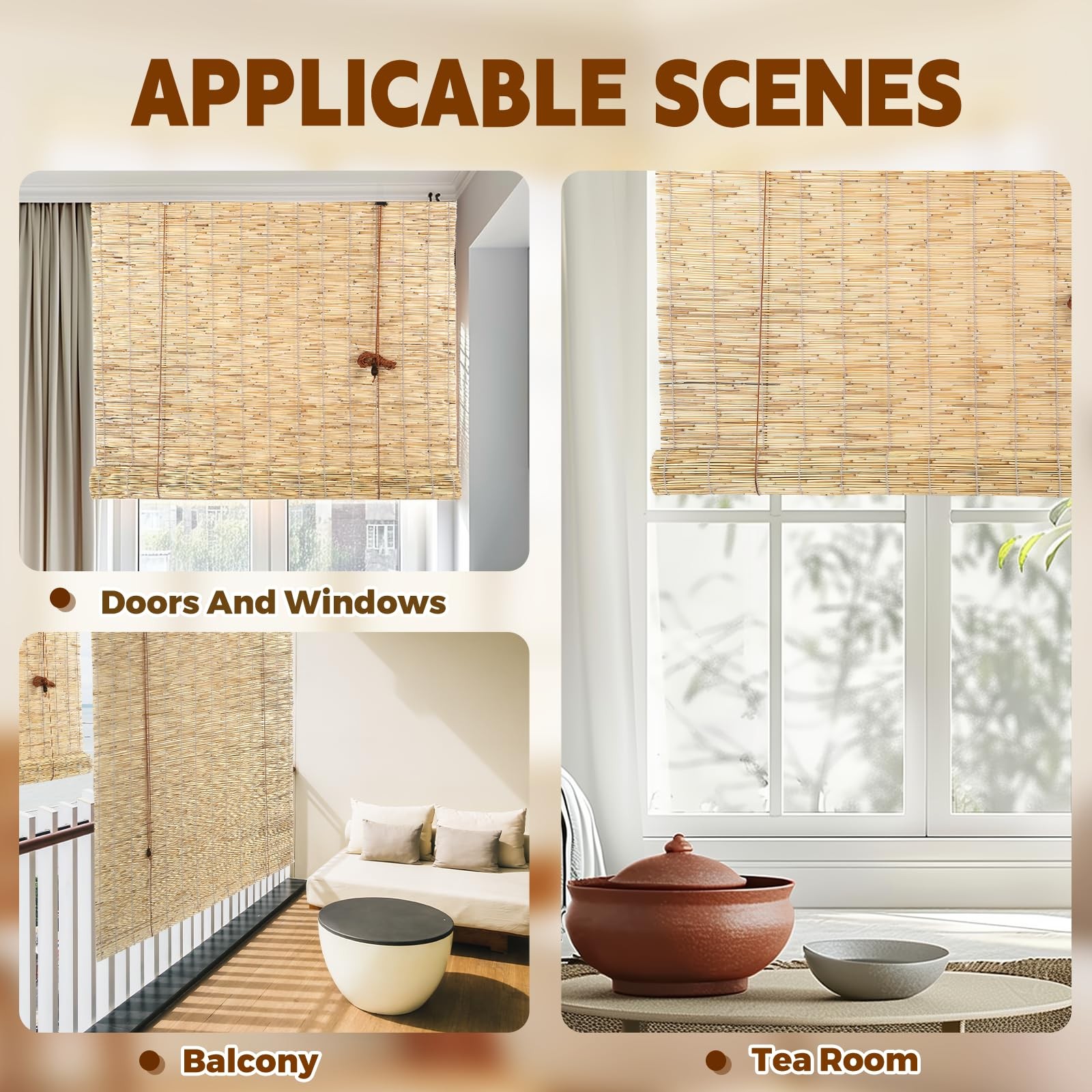 Reed Roller Blinds – Waterproof, Breathable, Easy Install, 72″x72″ Sun Shade