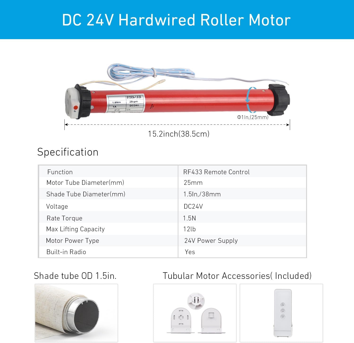 Smart 24V DC Roller Blind Motor Kit with Remote Control for 1.5″ Shade Tubes