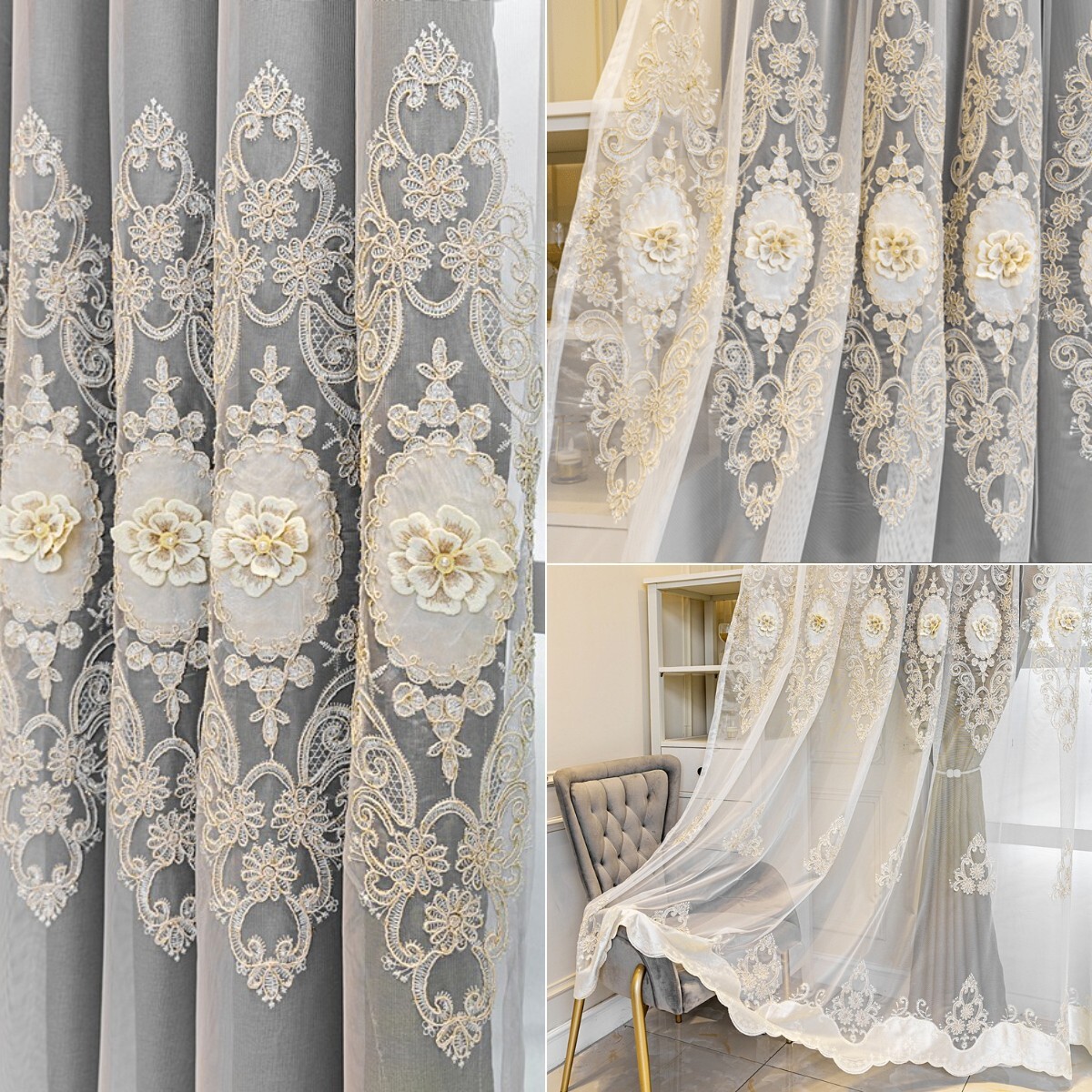 1 Panel Blackout Curtain Double Layer Window Tulle Drape Valance 3D Flower Home