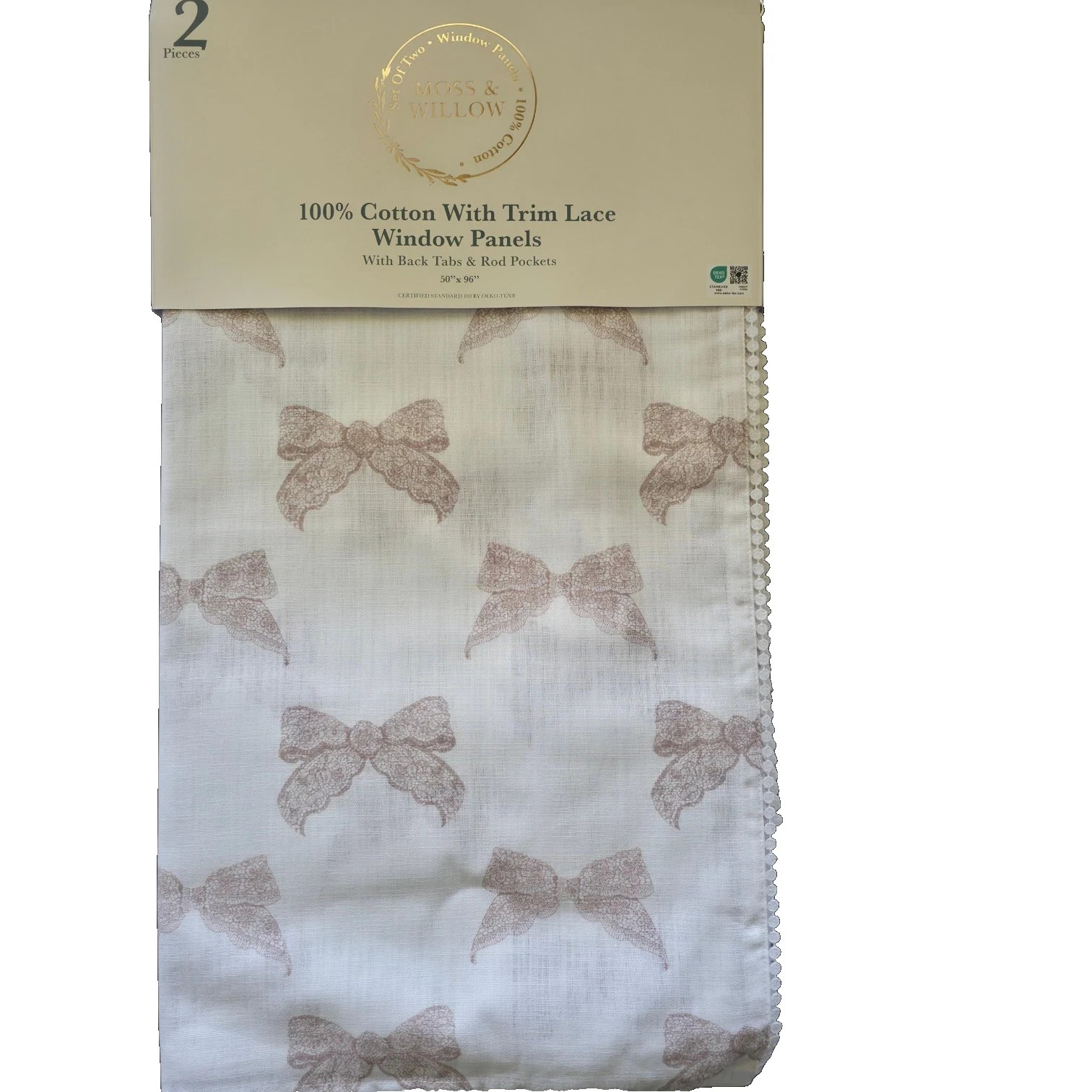 Moss & Willow Set 2 Curtains 50×96 White Pink Bow Lace Trim Cottage Farmhouse