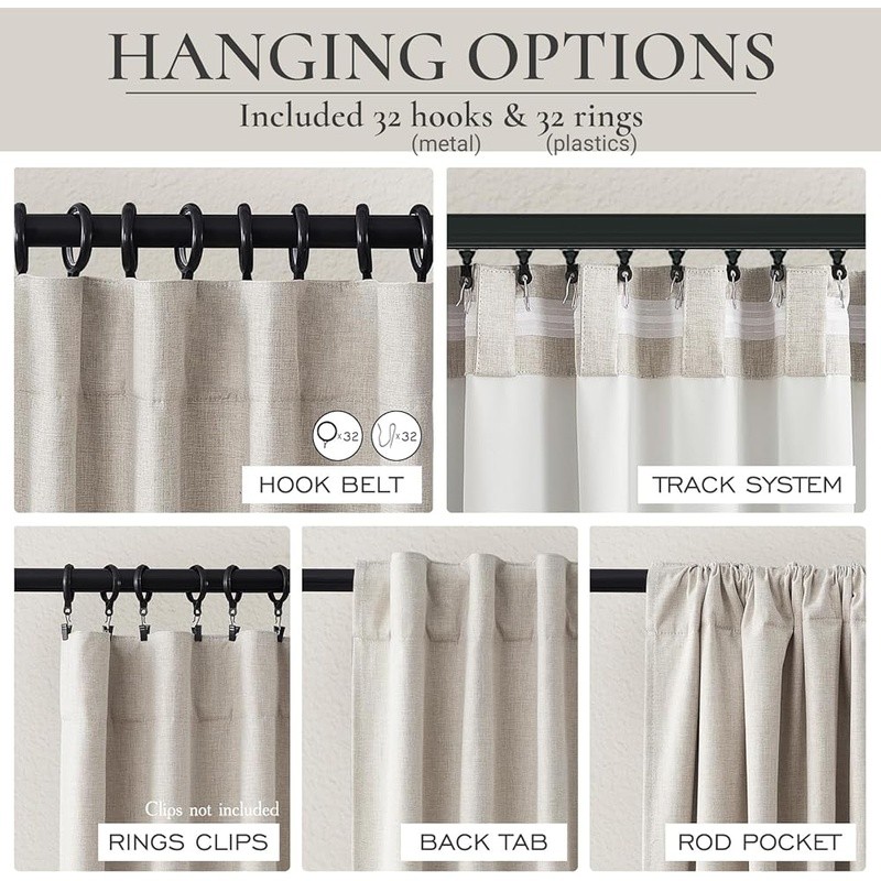 Blackout Linen Blend Curtains Insulating Noise Reducing Drapes Set of 2 New