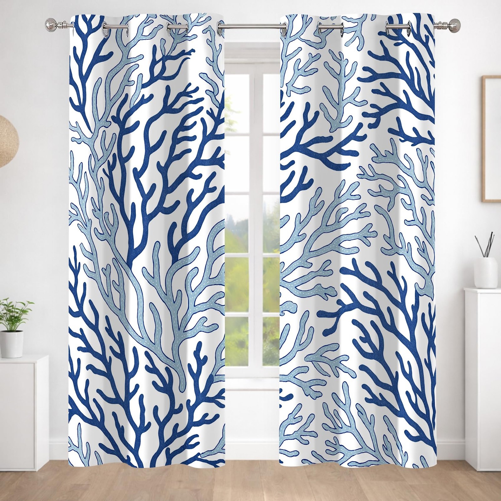 Coastal Coral Blackout Curtains Blue and Teal, 42×84 inch 2 Panels