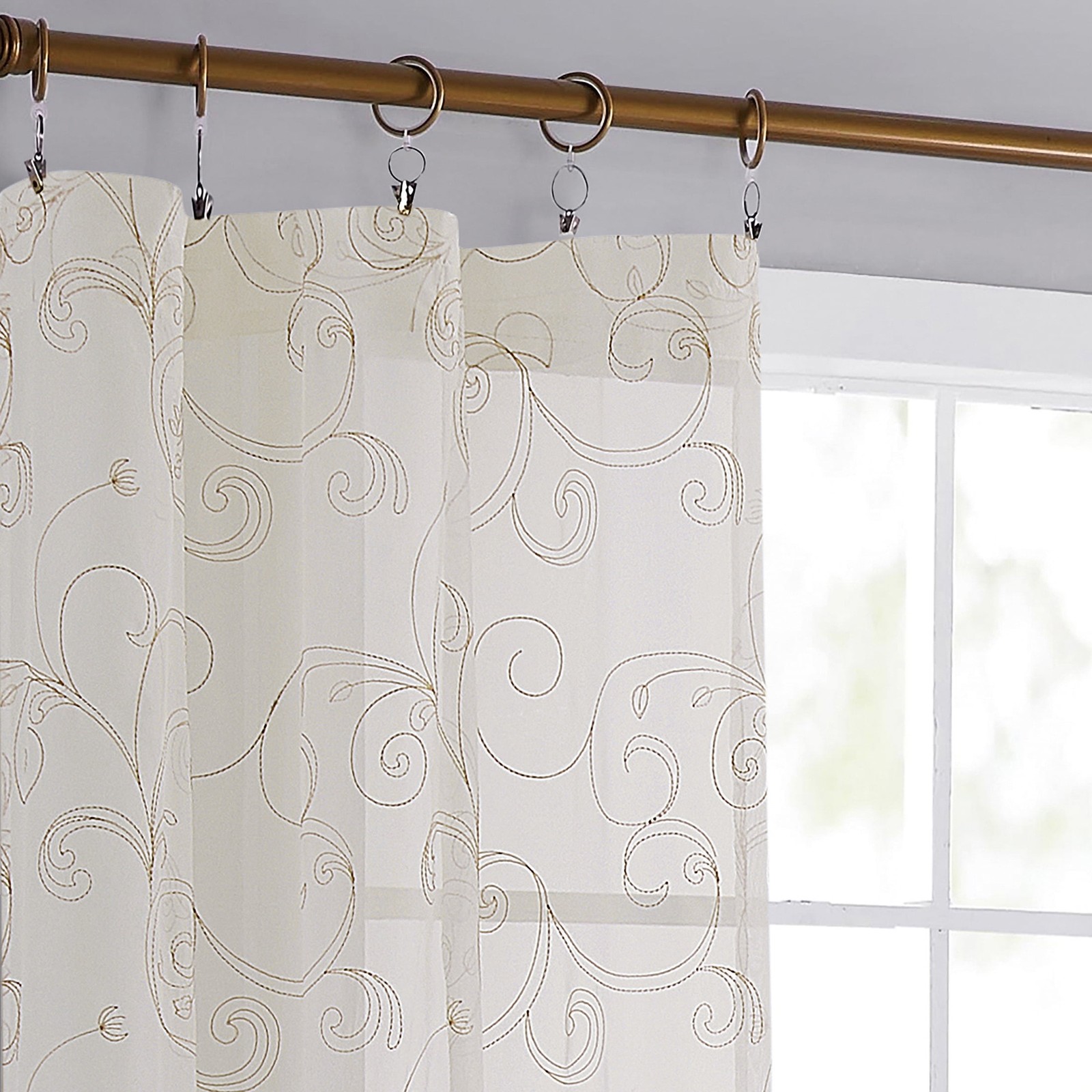 Scroll Rod Pocket Sheer Curtain Panel, 1-Piece, White/Grey, 38″ W x 63″ L