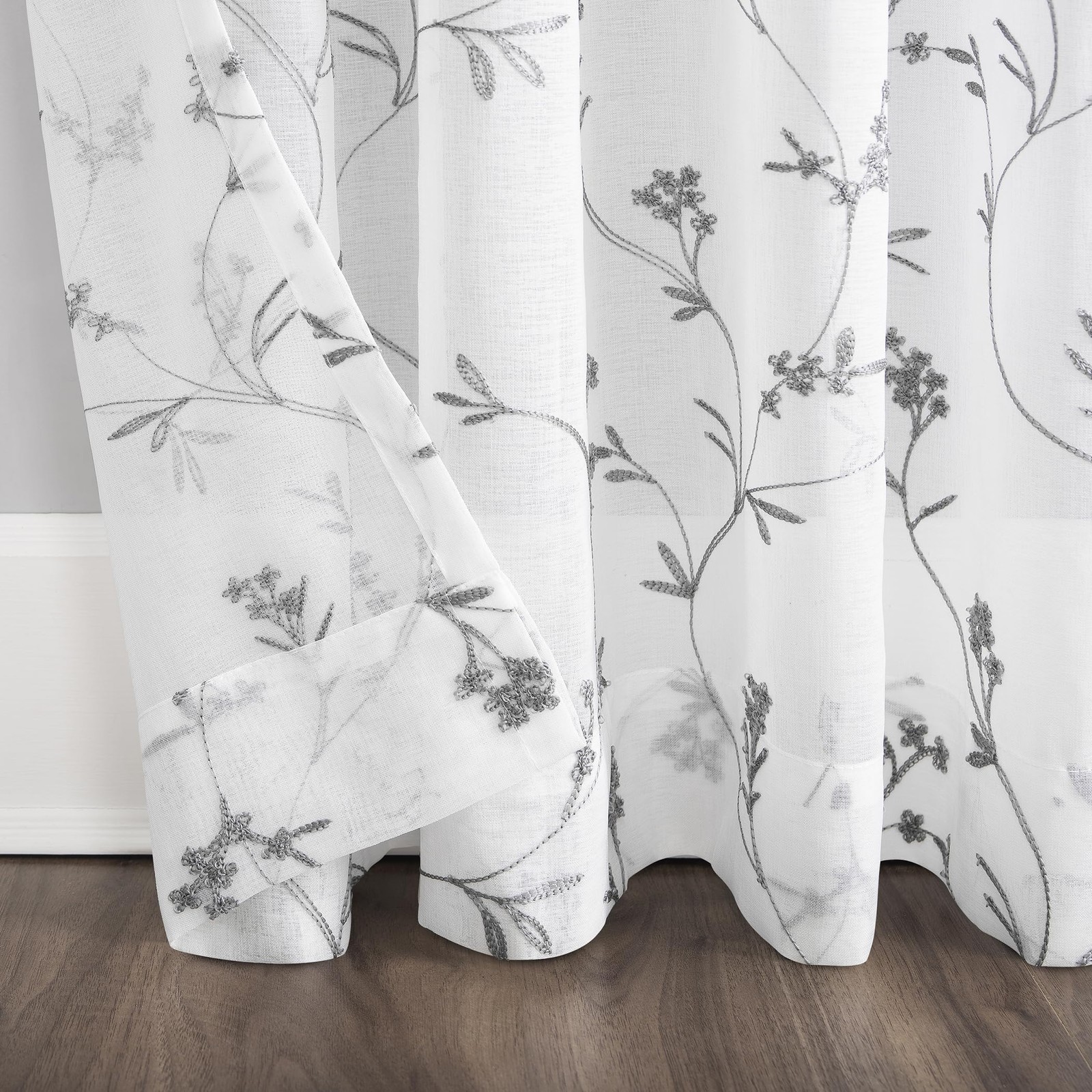 Delia Embroidered Floral Sheer Rod Pocket Curtain Panel, 50″ x 84″, White