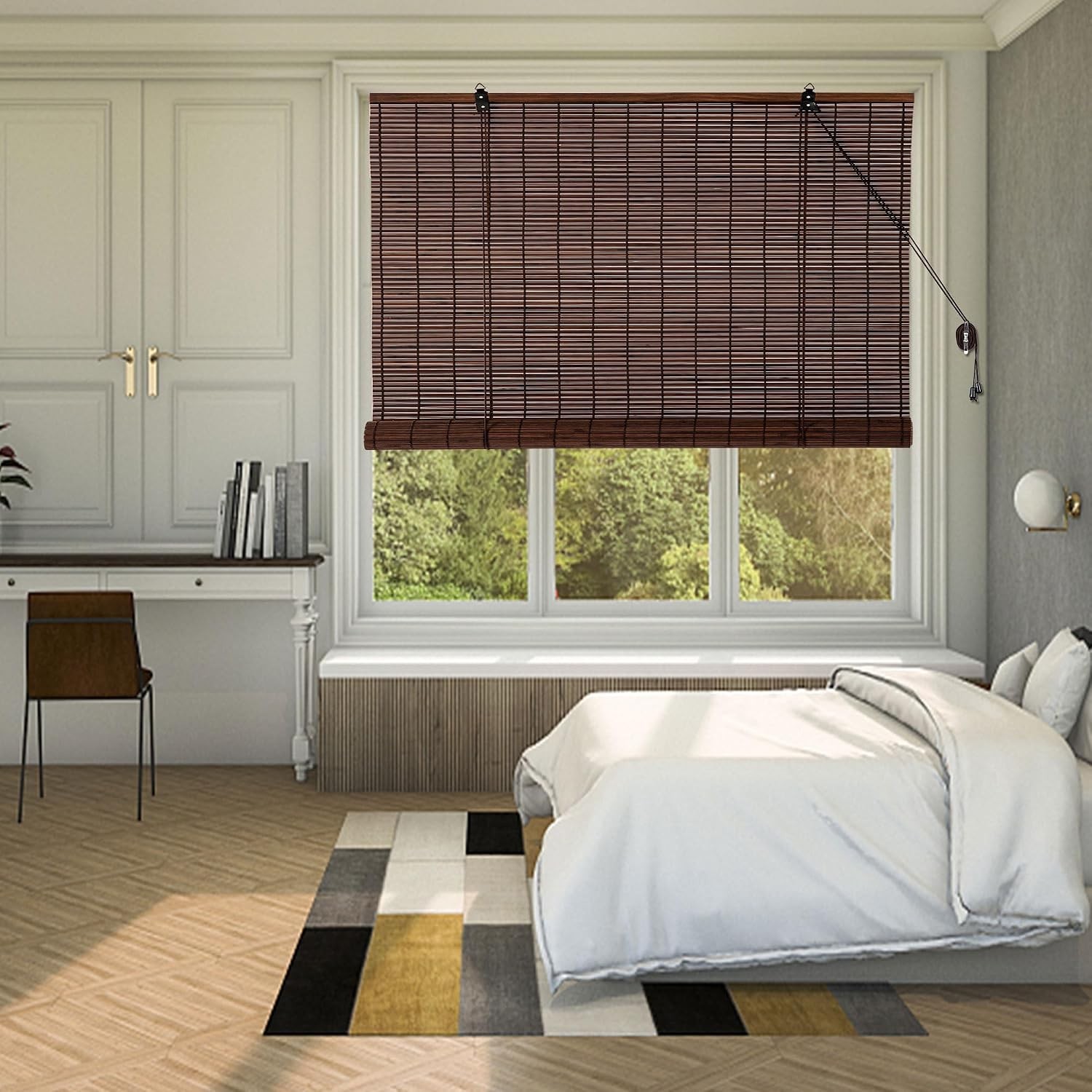 Bamboo Roll Up Shades 60″ W x 72″ L, Light Filtering Brown Blinds, Easy Install
