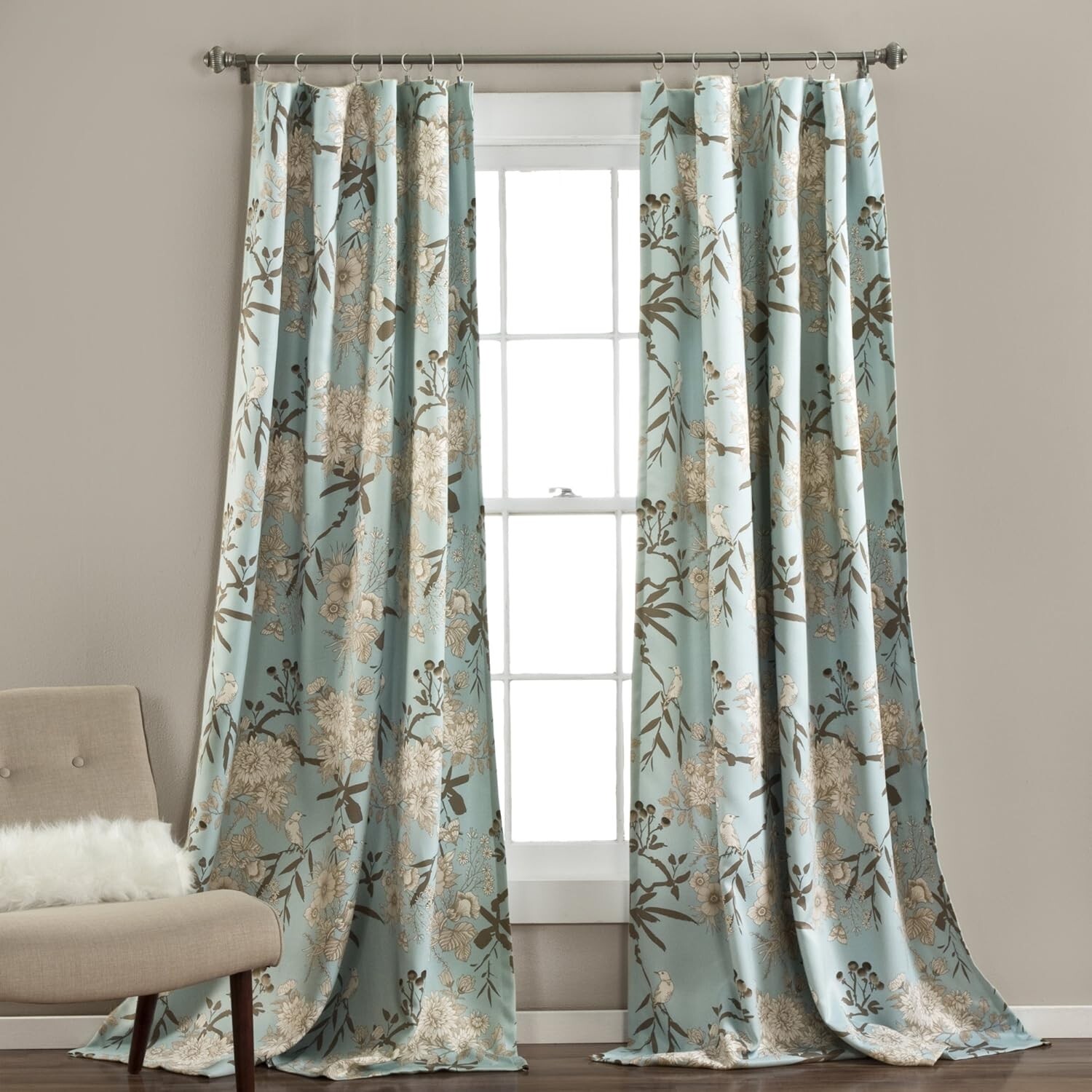 Botanical Garden Curtains Floral Bird Print Room Darkening Window 52″W x 84″L