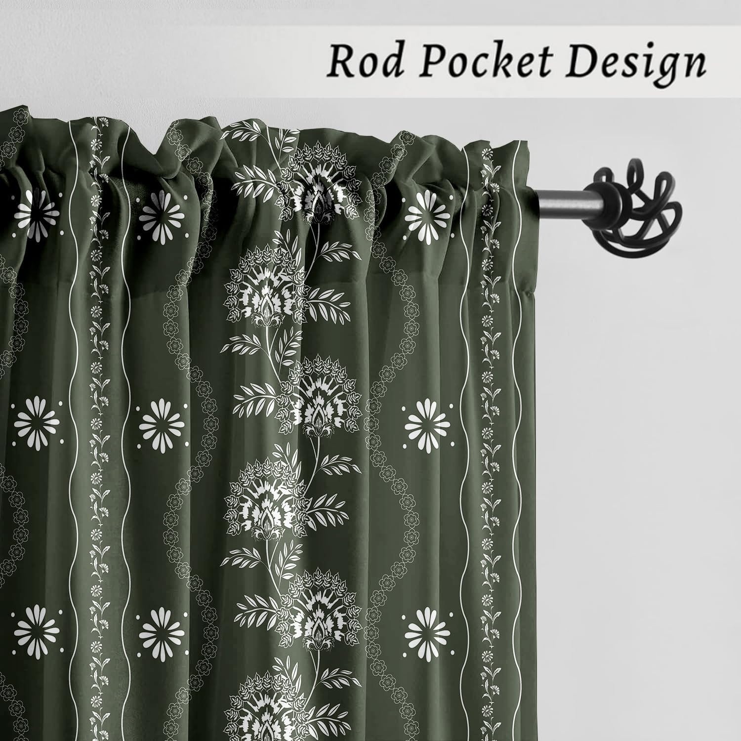 Green Floral Curtains 84 Inch Length 2 Panels Set Olive Green and White Vintage