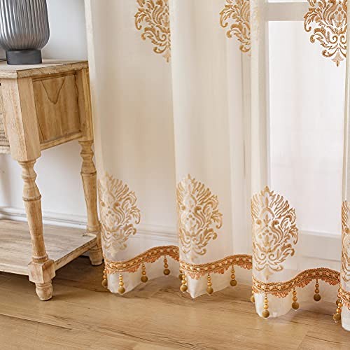 Embroidered Sheer Curtains 52″W x 96″L (Pack of 2) Sheer With Beads-damask
