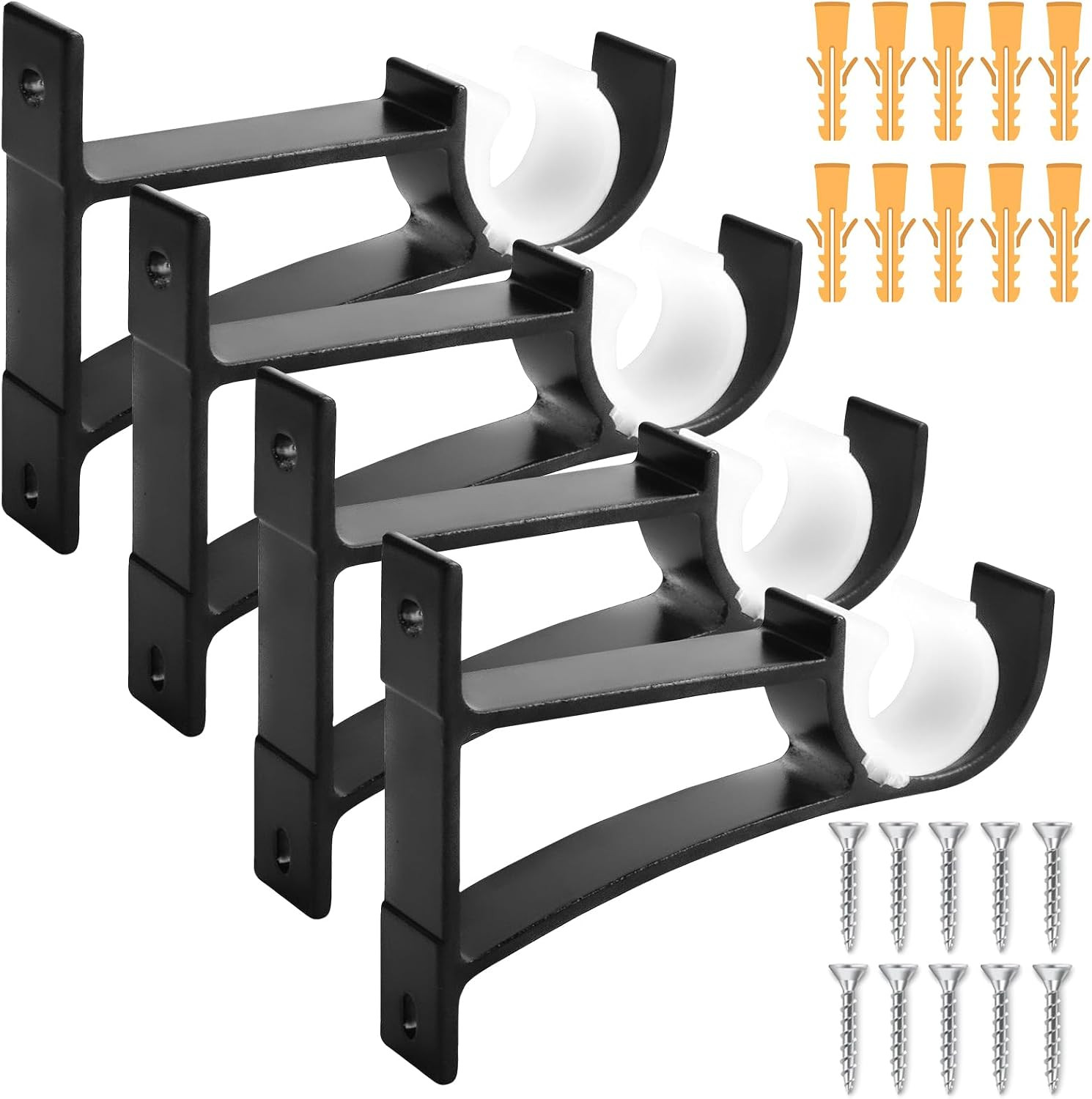 Black 4 Pcs Curtain Rod Wall Brackets, Set of 4 Heavy Duty Holders with Mounting