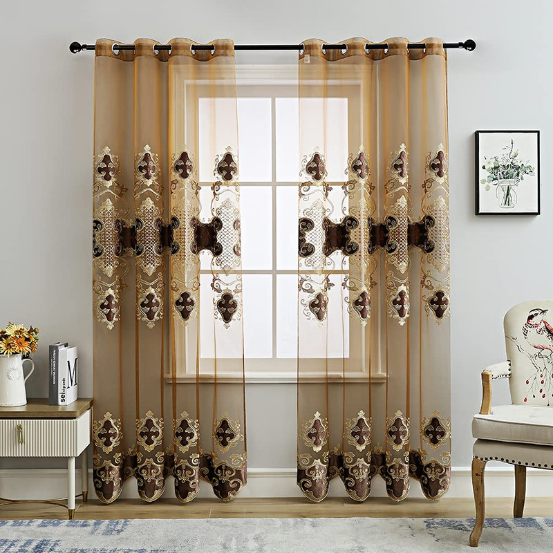 Elkca Luxury Embroidered Sheer Curtains For Living Room Chocolate Tulle
