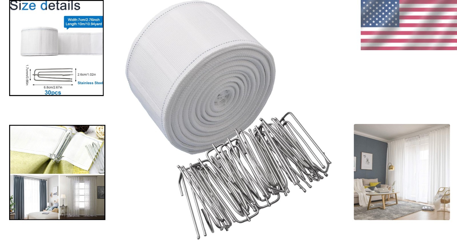 Curtain Tape Set with Hooks White Deep Pinch Pleat DIY Curtain Accessories