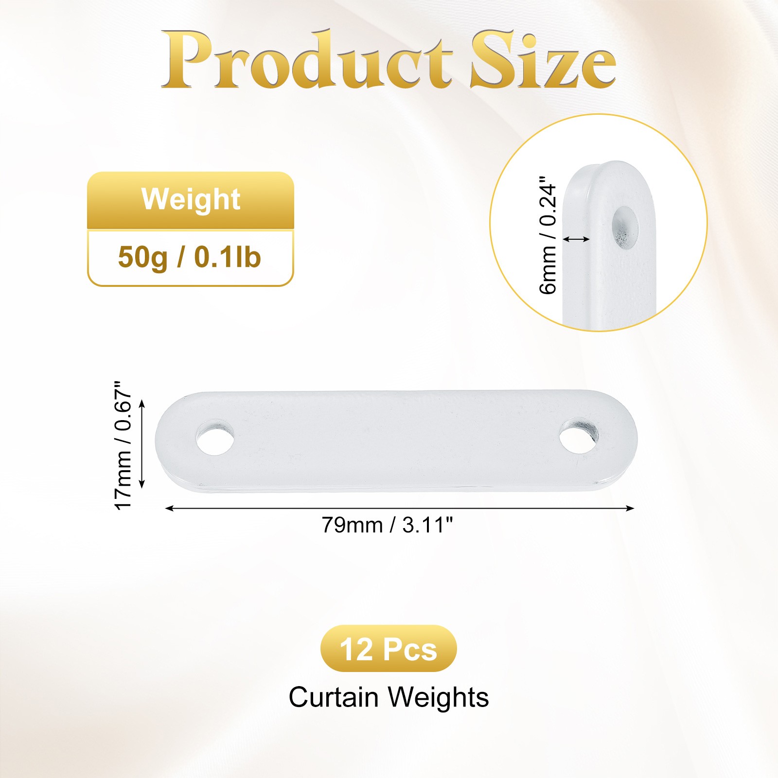 12Pcs Curtain Weights, 17 x 79 x 6mm 50g Iron Drapery Weights, White