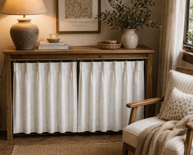 Pinch Pleat White Cotton Cabinet Curtain, Sink Skirt, 1 Panel
