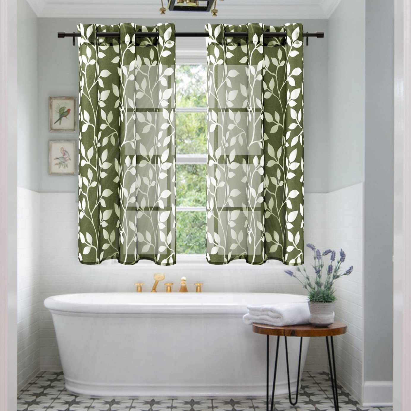48 Inch Semi Sheer Short Curtains for Windows, Leaf Pattern Grommet Drapes fo…