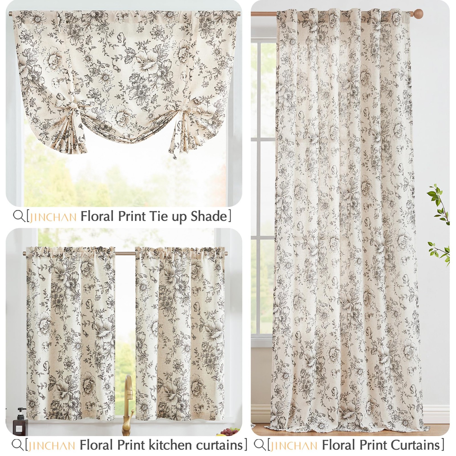 Linen Cafe Curtains 24 in Black Floral Farmhouse Tier 2 Panels