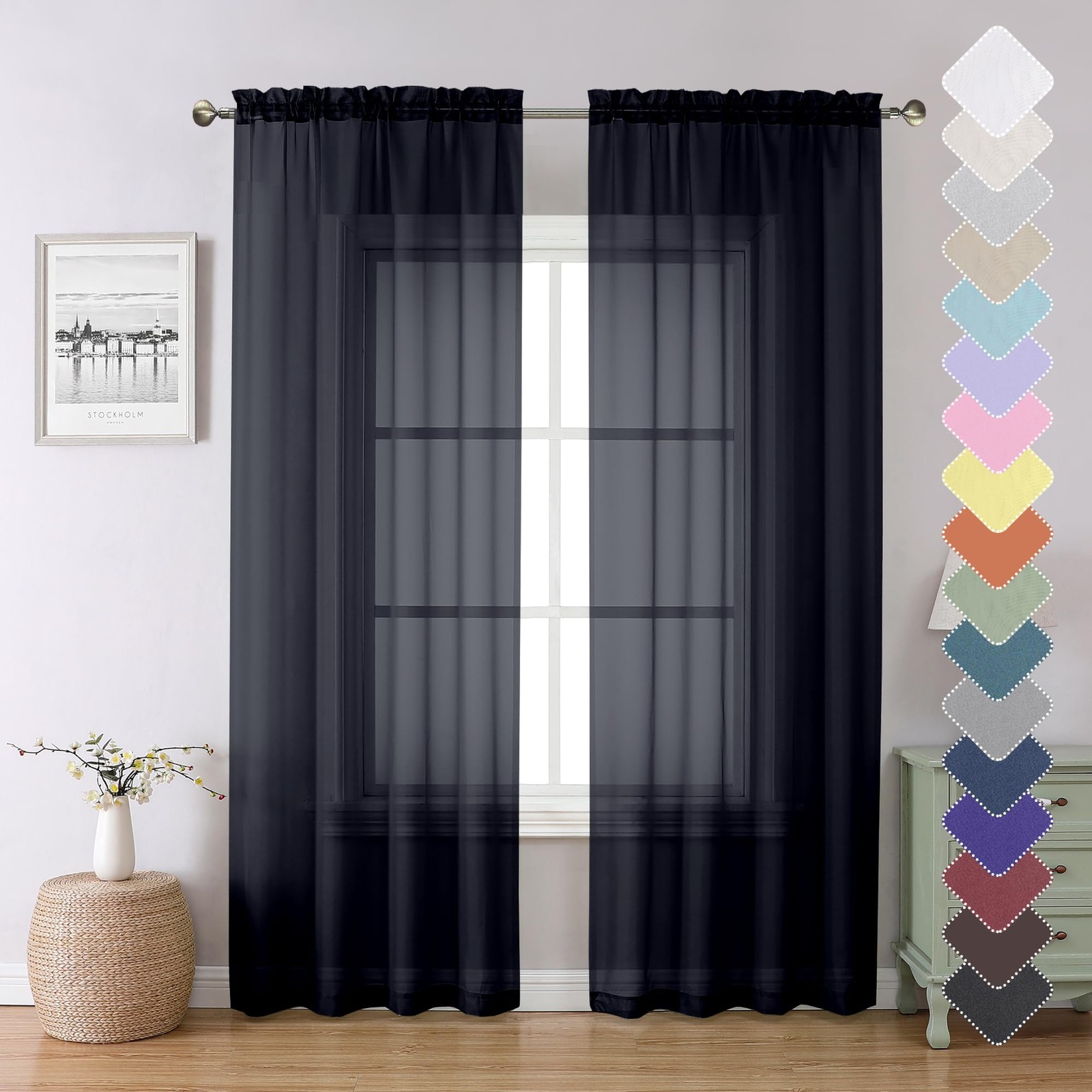 Black Sheer Curtains 84 Inches Long 2 Panels, Solid Voile Light Filtering Air…