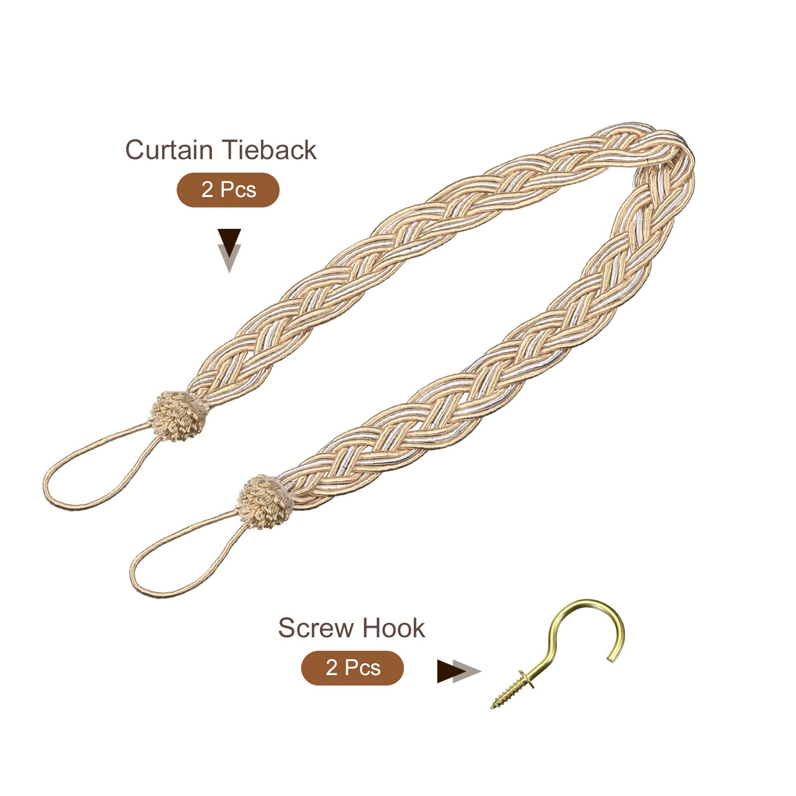 2Pcs 23″ Curtain Tiebacks Braid Drapery Holdback Holder with Hooks Taupe/Silver