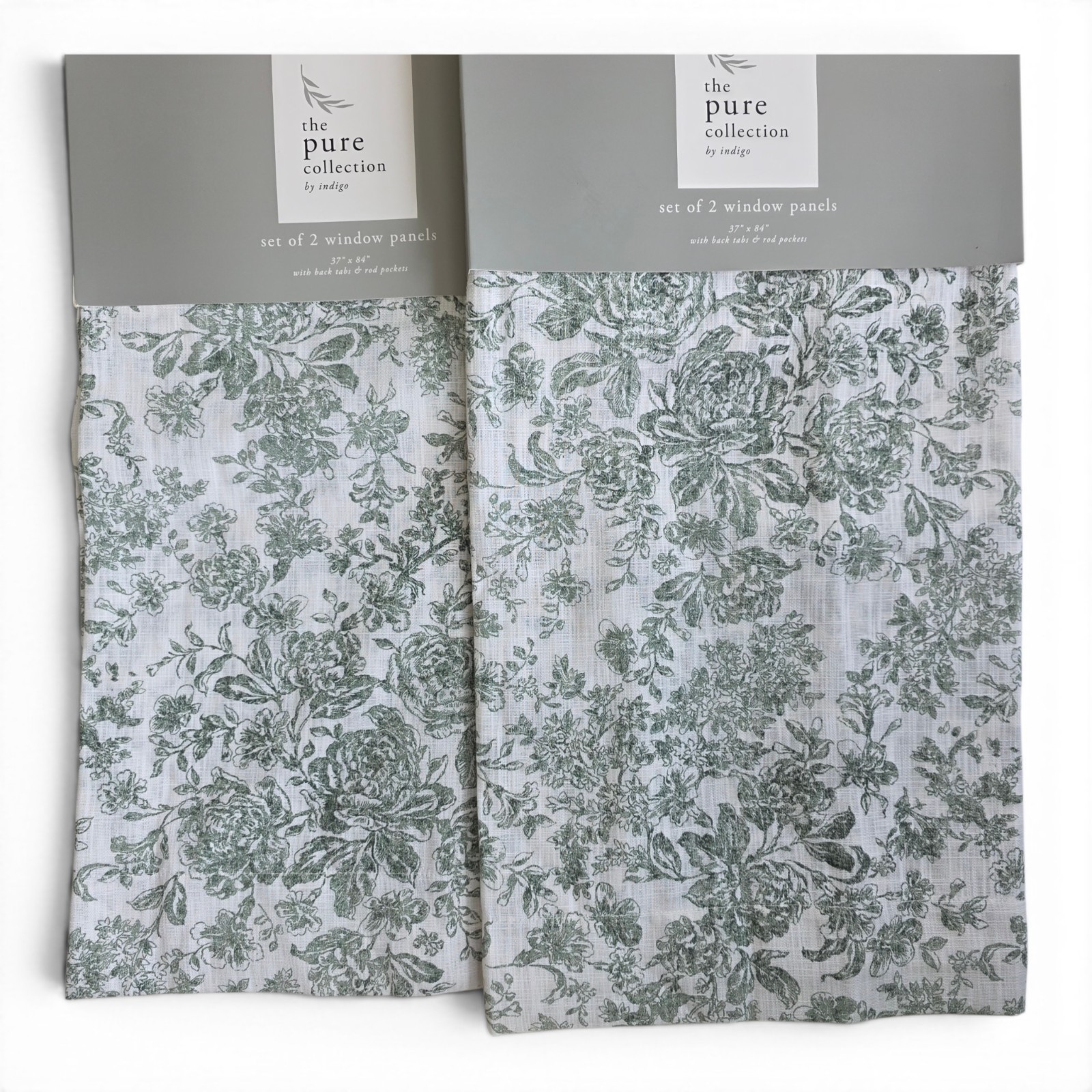 Indigo Set of 4 Curtain Panels 37×84 Green Floral White Cotton Blend