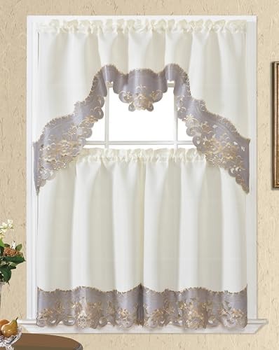 GOHD Arch Rosarium 3pcs Kitchen Curtain Set, Elegant Ivory Fabric with Rose Embr