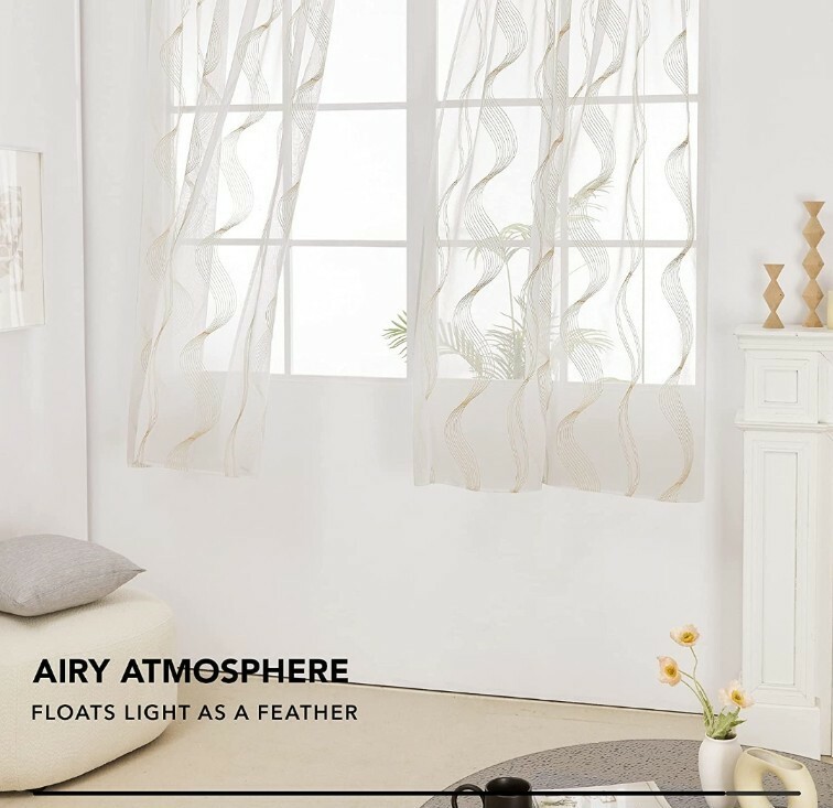 White Sheer Curtains, Beige Stripe, 2 Panels, 52×63″, Rod Pocket Stripe Pattern