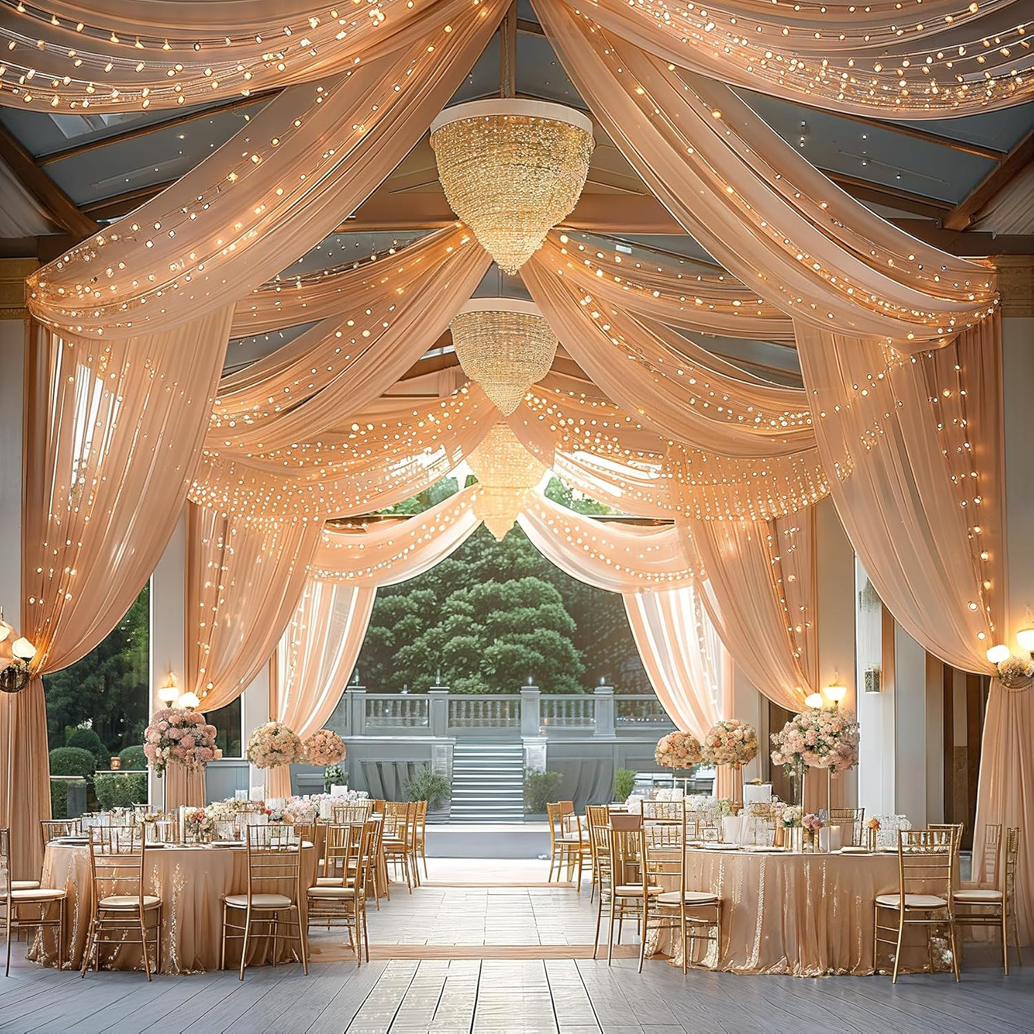 10Ft Champagne Ceiling Drapes w Lights – 6 Panels for Wedding Arch Curtains