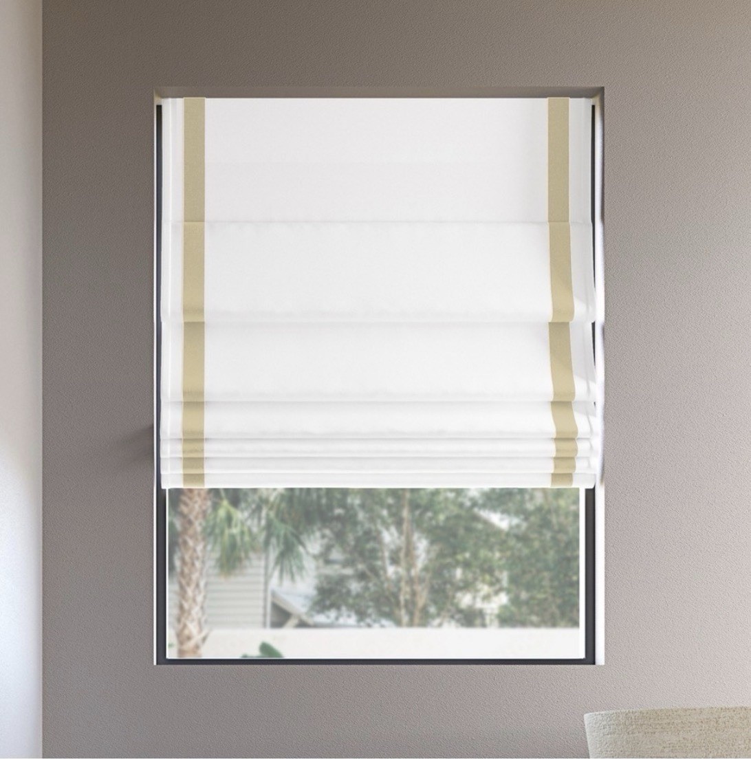Sun Zero Olander Ribbon Border Total Blackout Cordless Roman Shade 31×64 Taupe