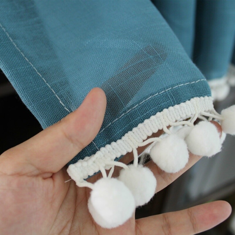 Ruffled Cafe Curtain Pompoms Balls Trim Home Kitchen Half Curtains Village Decor