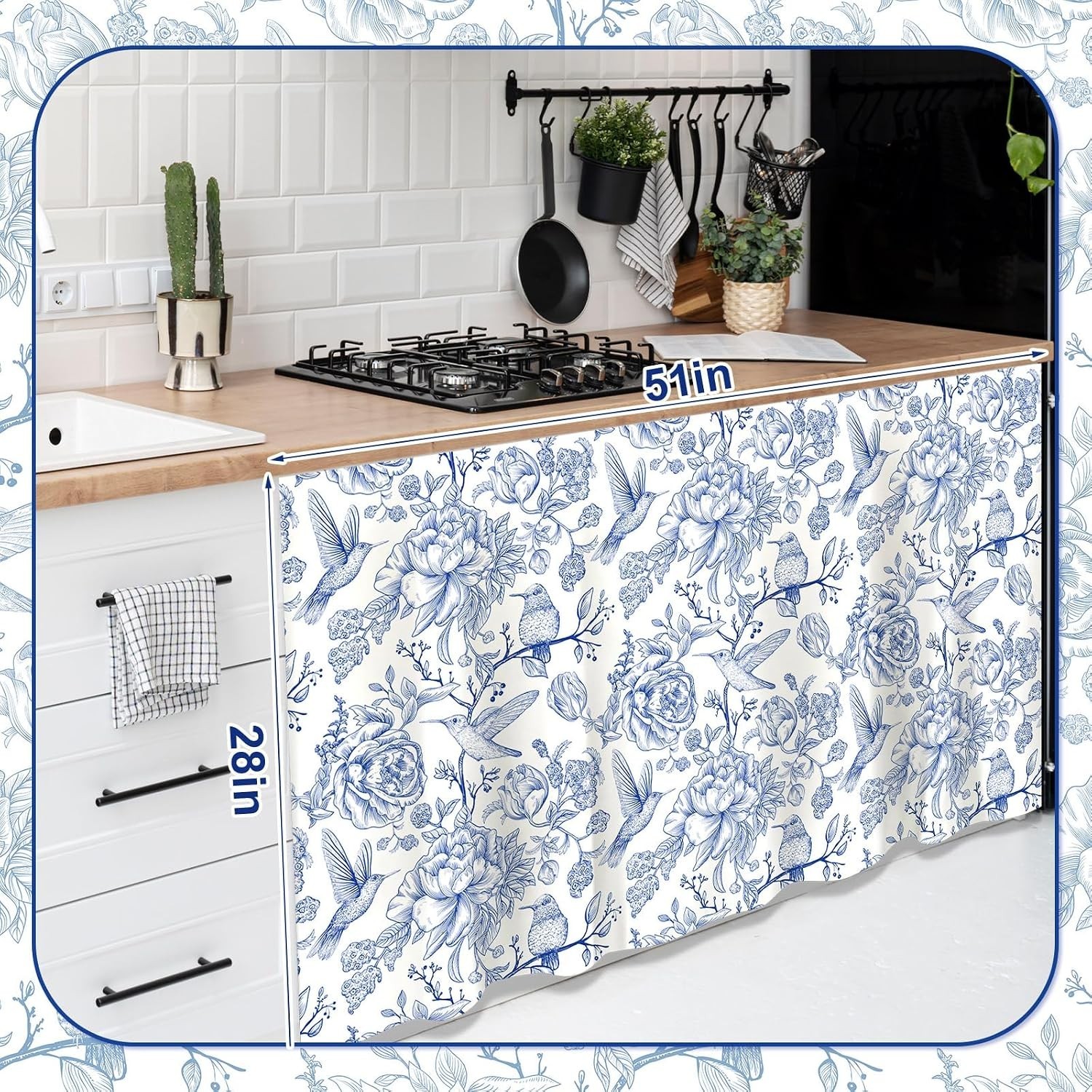 Sophisticated Blue Floral Cabinet Curtain – Easy Install & Washable – 28 x 51 in
