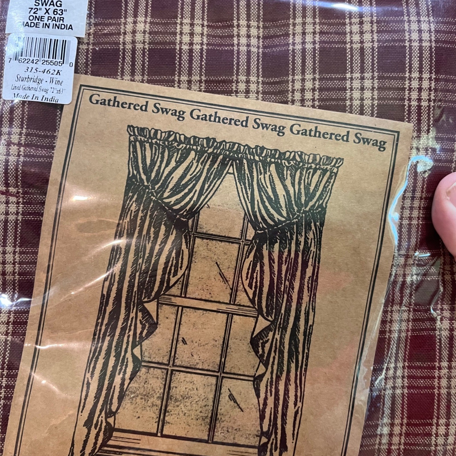 Park Designs Sturbridge Wine Plaid Gathered Swag Curtains 72×63 Primitive Farm
