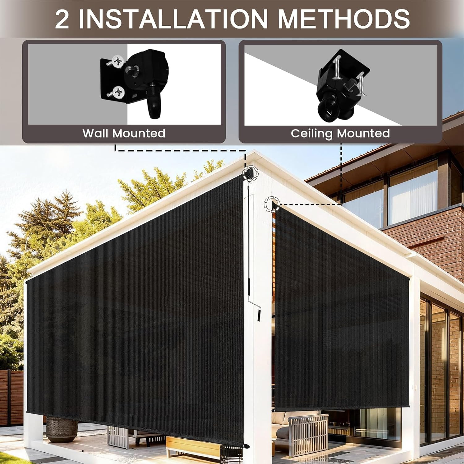 Outdoor Roller Shades for Patio, 8′ W X 6′ H Cordless Patio Shades Roll up Outdo