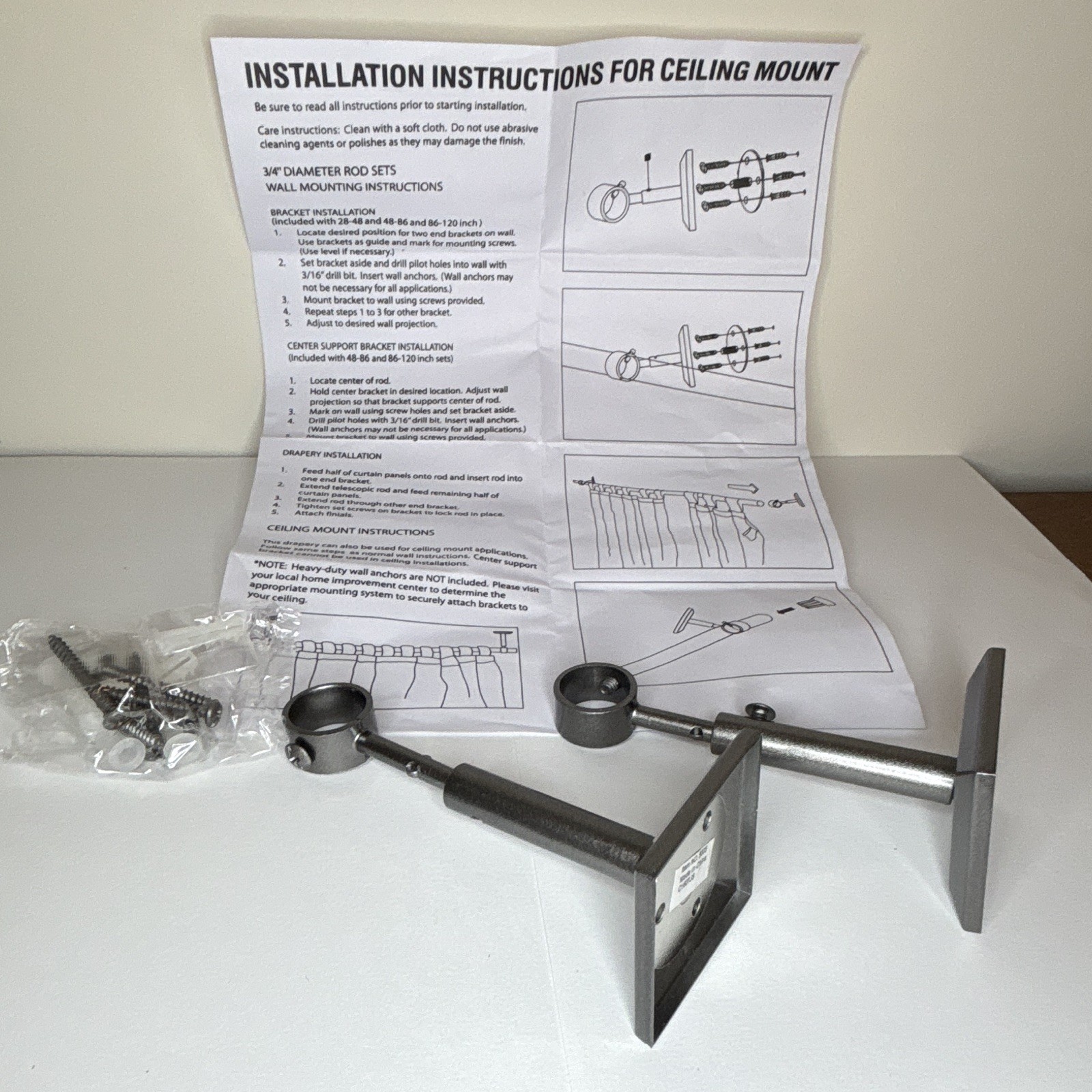 3/4 in Ceiling Mount Curtain Rod Brackets Set, Silver Metal, 2 Pack w/Screws