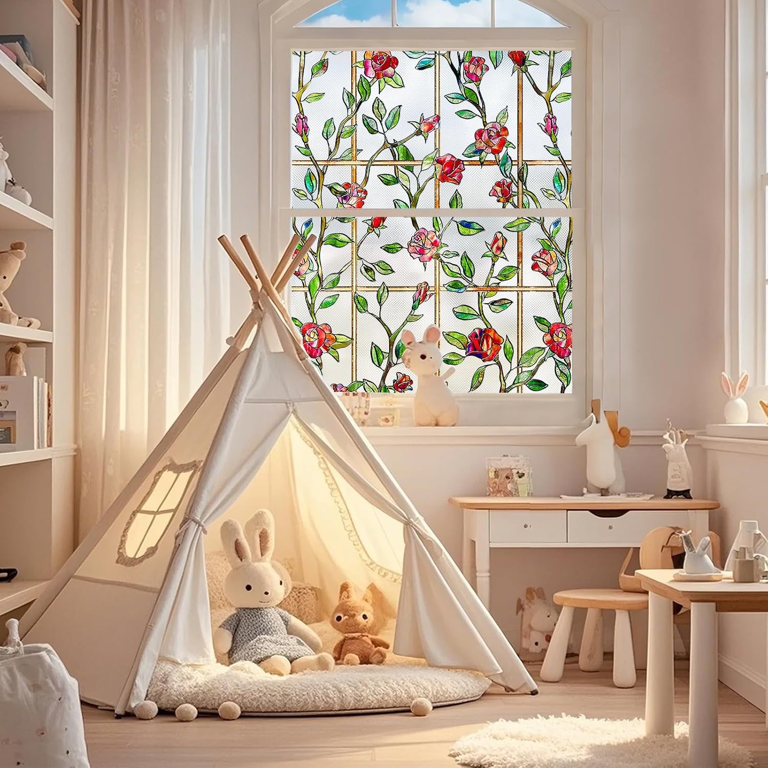 3D Rose Floral Decorative Window Covering, Light Diffusing Privacy Static Cling