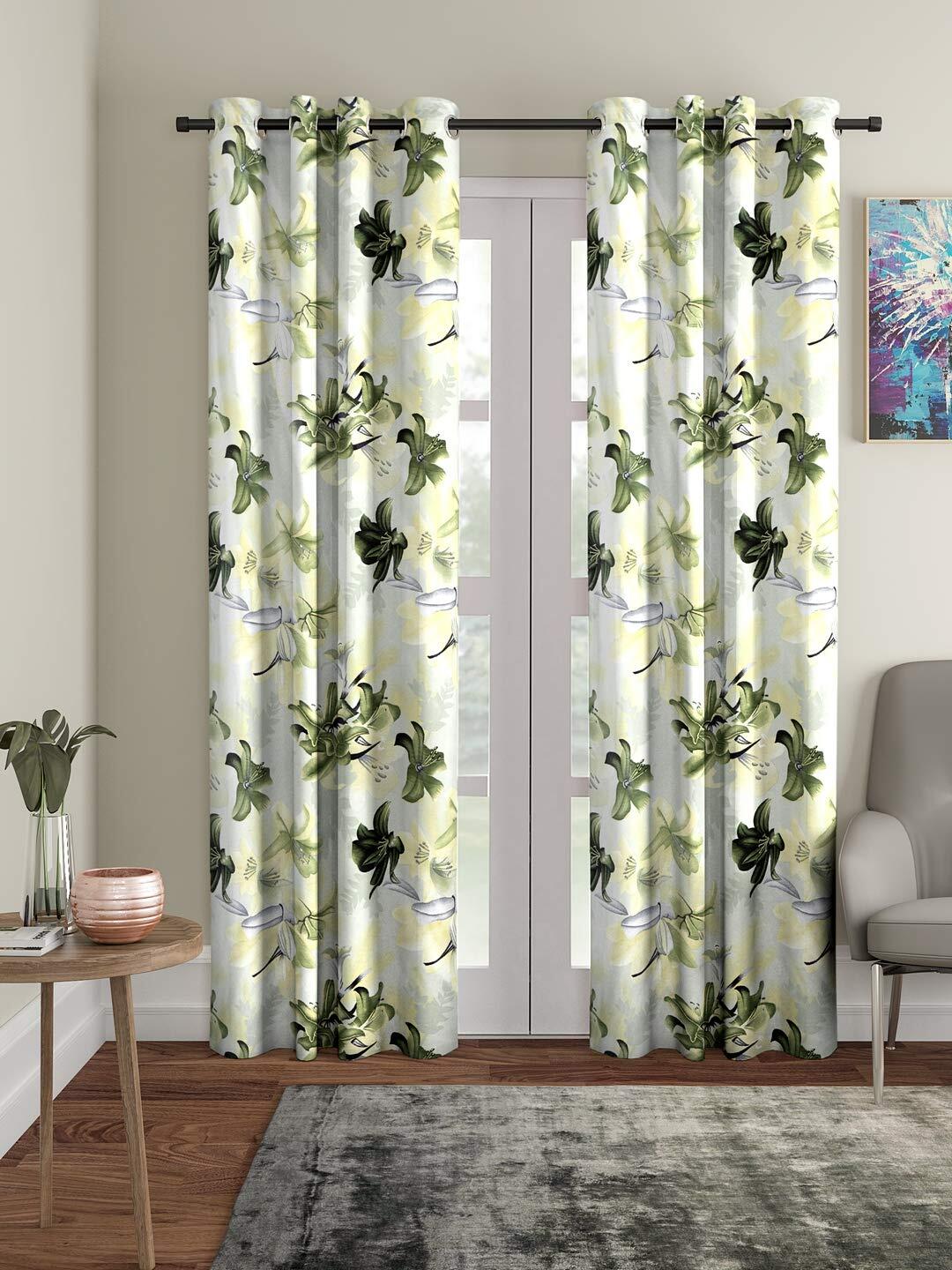 Flower Polyester 7 ft Door Curtains Green 2 Pieces