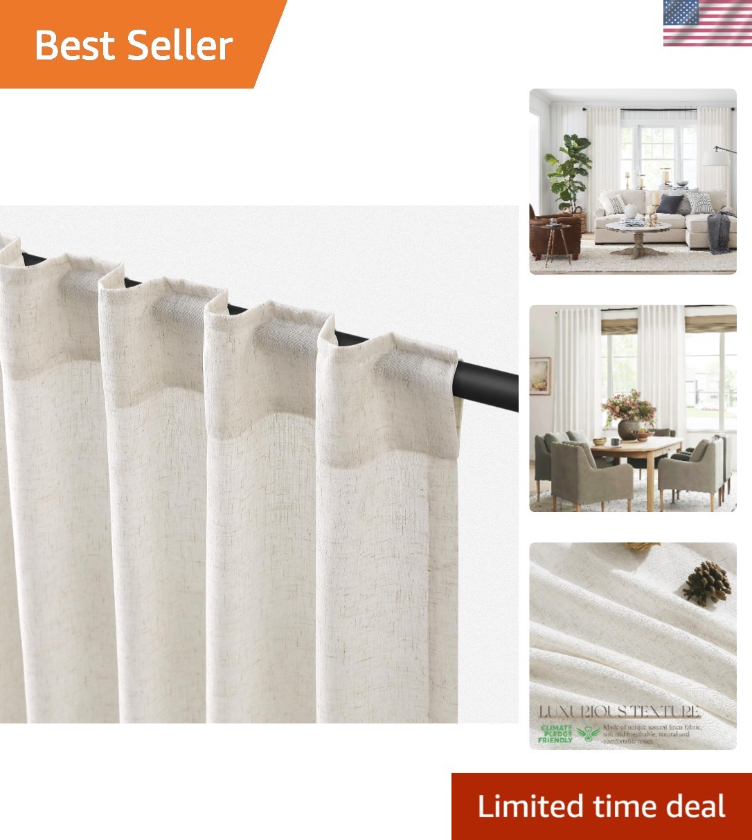 Natural Linen Curtains 84 Inch Long – 2 Light-Filtering Panels for Living Room