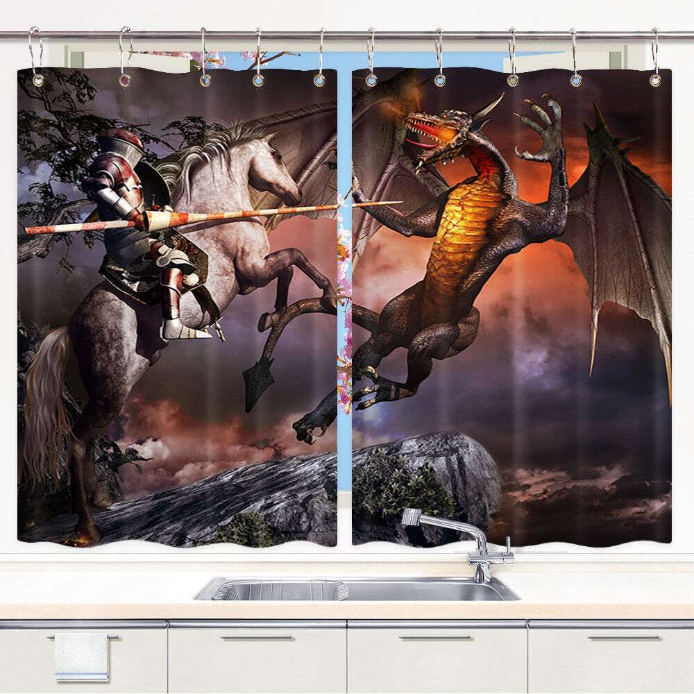 Medieval Fantasy Knight Kitchen Curtains Window Drapes 2 Panel Set with Hooks