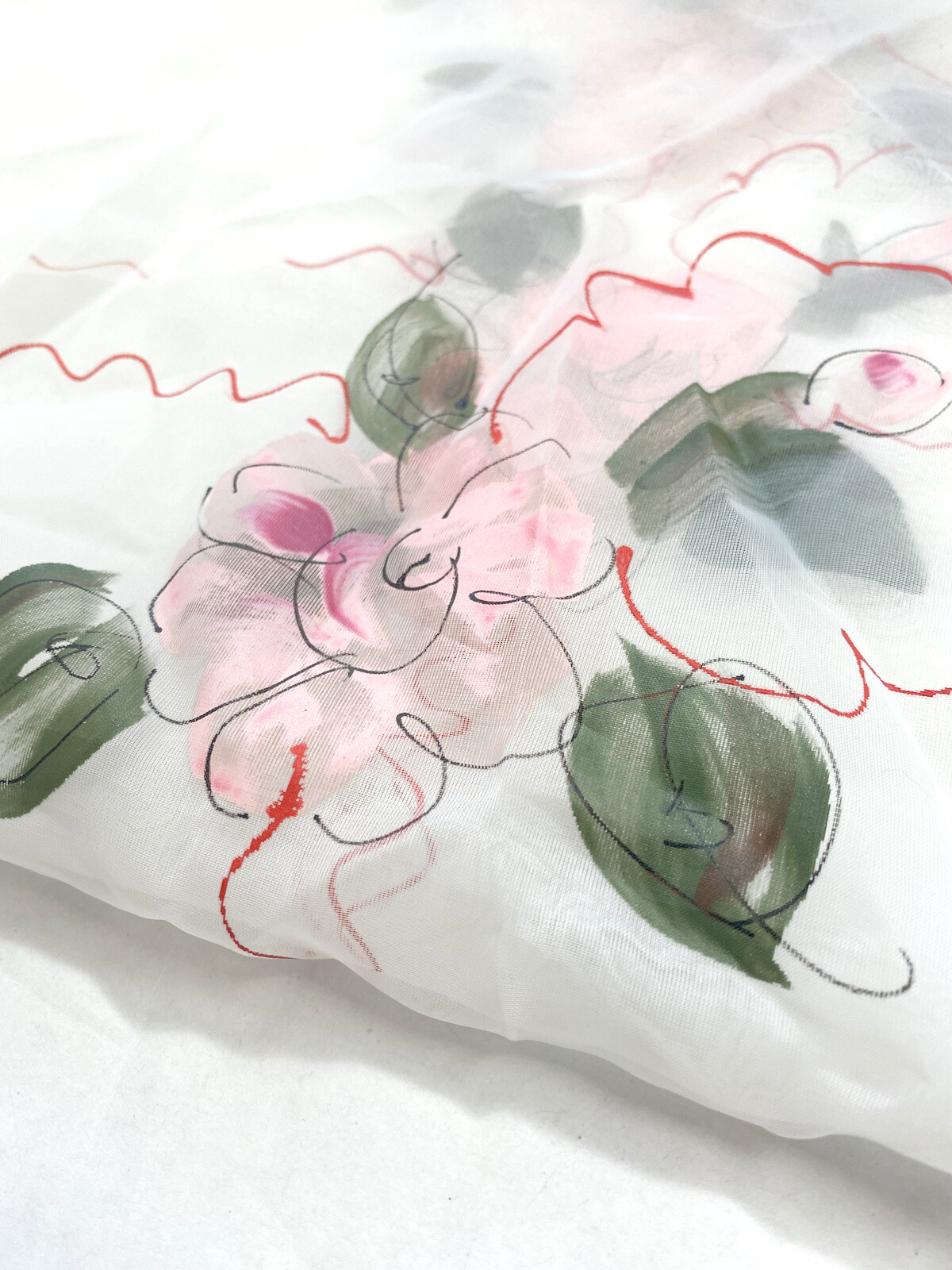 Vintage 1960s Sheer White Valances Curtains 4 Made Japan Hand Painted Pink Red