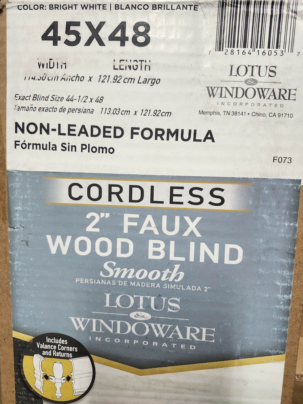 Lotus & Windoware Cordless 2in Faux Wood Blind 45×48 Bright White Indoor Use