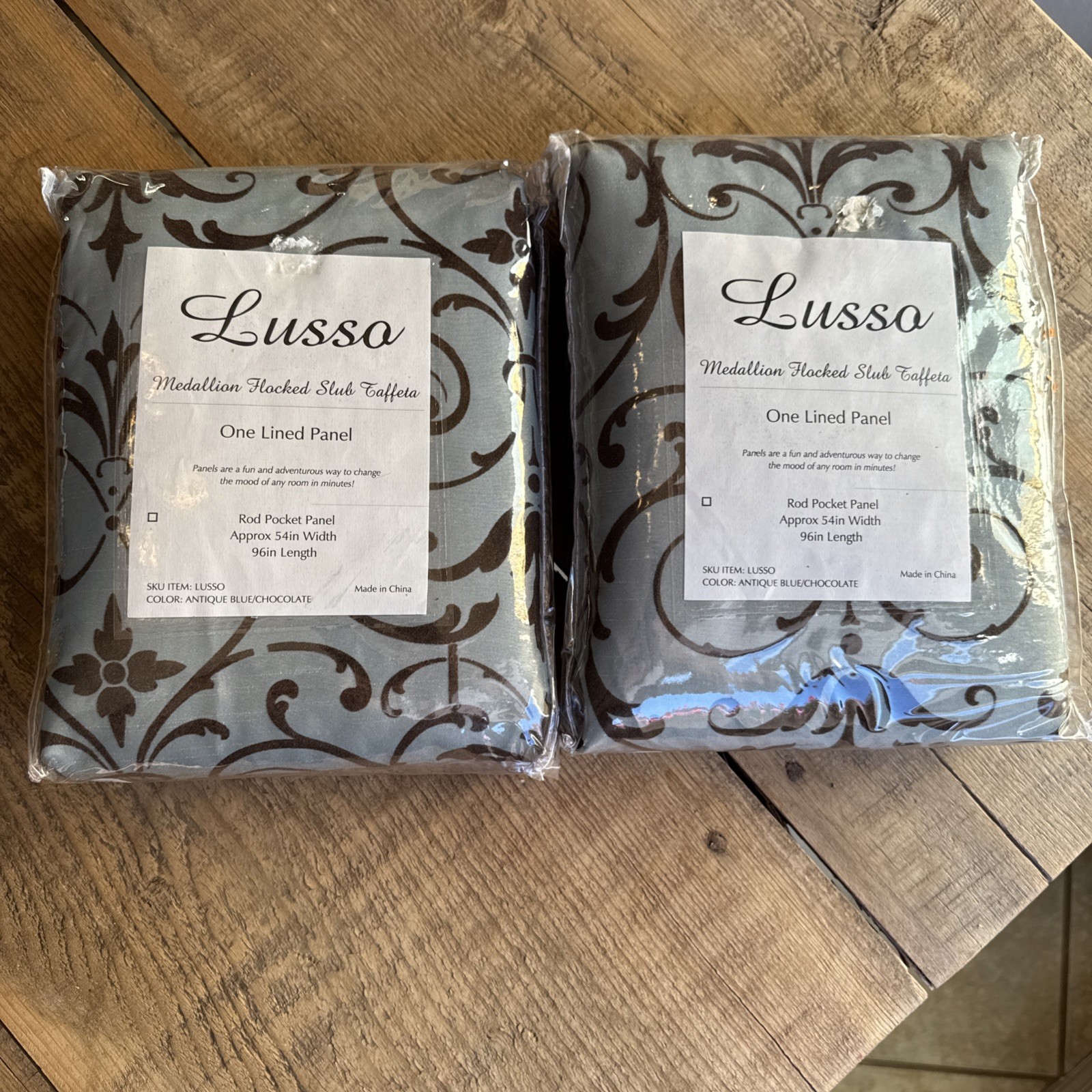 New Lusso curtain panel Antique Blue And Chocolate 54″x96” Each, lined set of 2