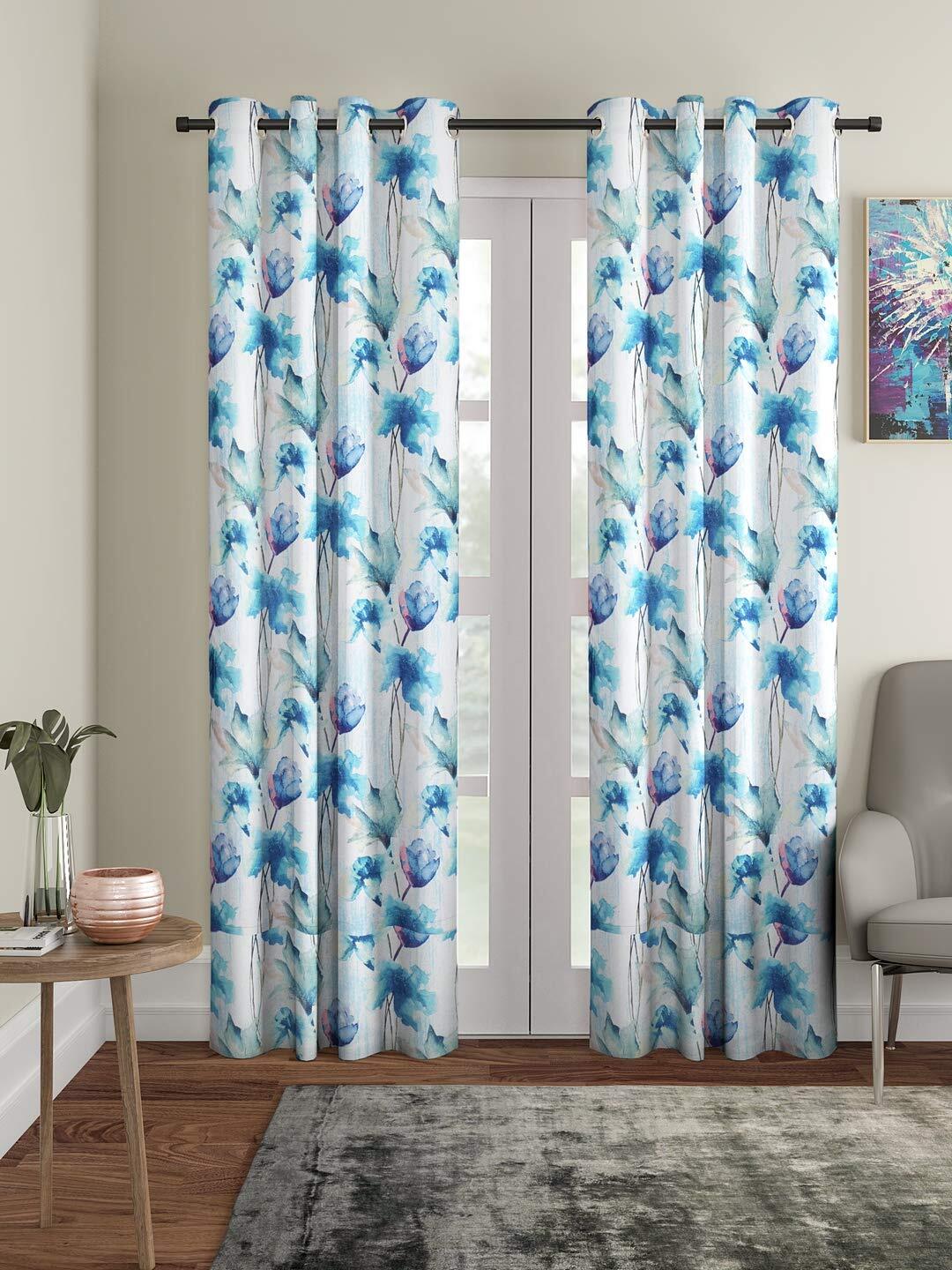 2 Piece Premium Floral Polyester Door Curtains 7Ft – Blue