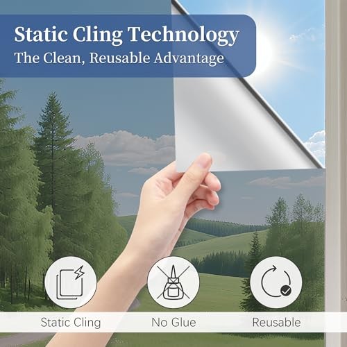 One Way Privacy Window Film, Static Cling Daytime Mirror Tint for Home &