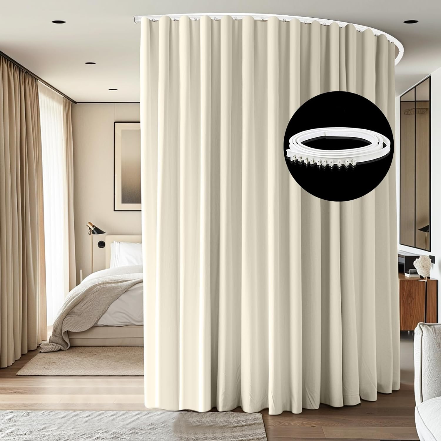 Ceiling-Mounted Room Divider Track Set with Beige Curtain, 8.3ft x 7ft