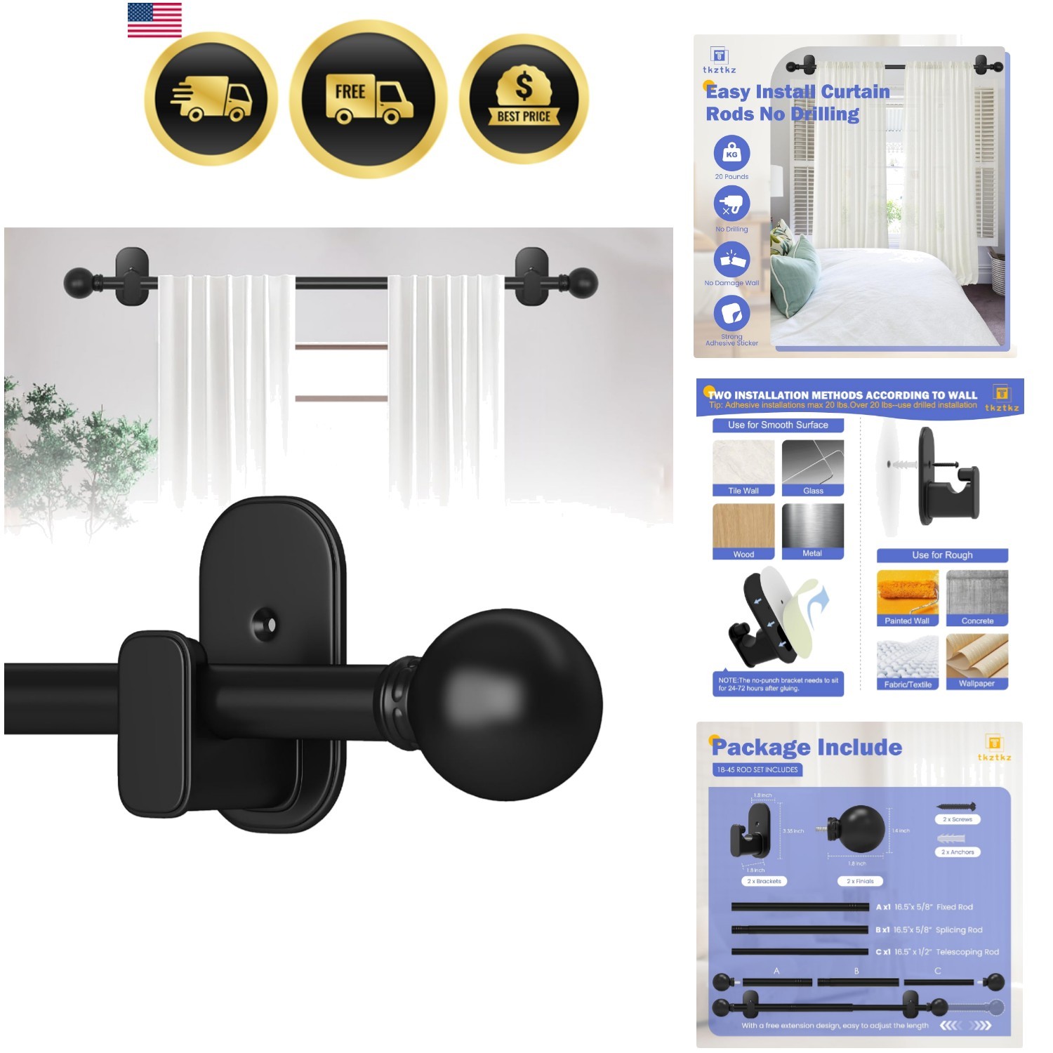 Curtain Rods No Drilling for Windows 18 to 45 Inch:No Drill Small Black Curta…