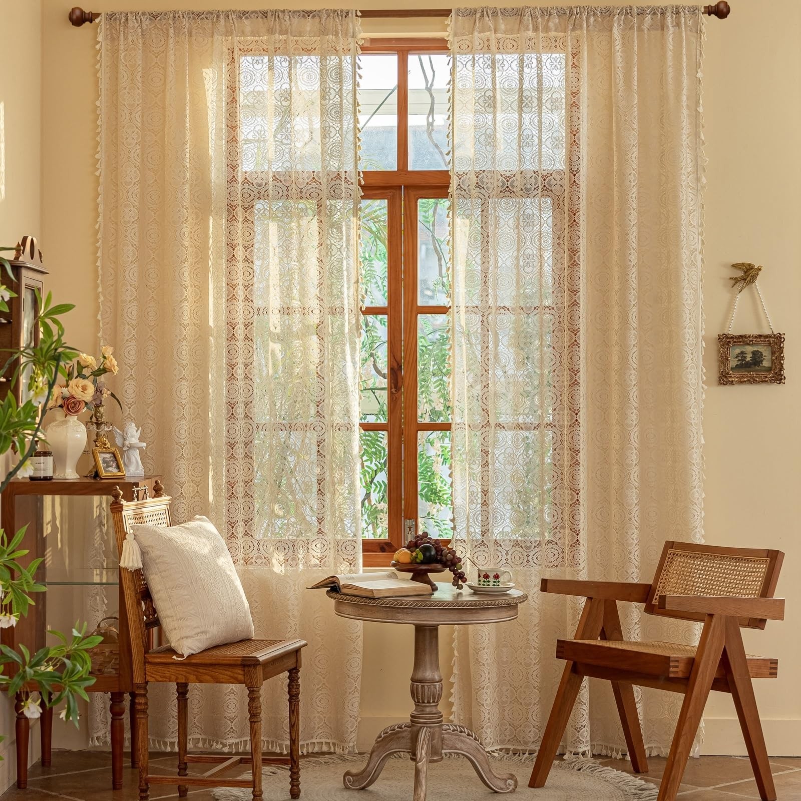 Boho Lace Curtains 84 inches Long 2 59″W x 84″L (Pack of 2), Beige