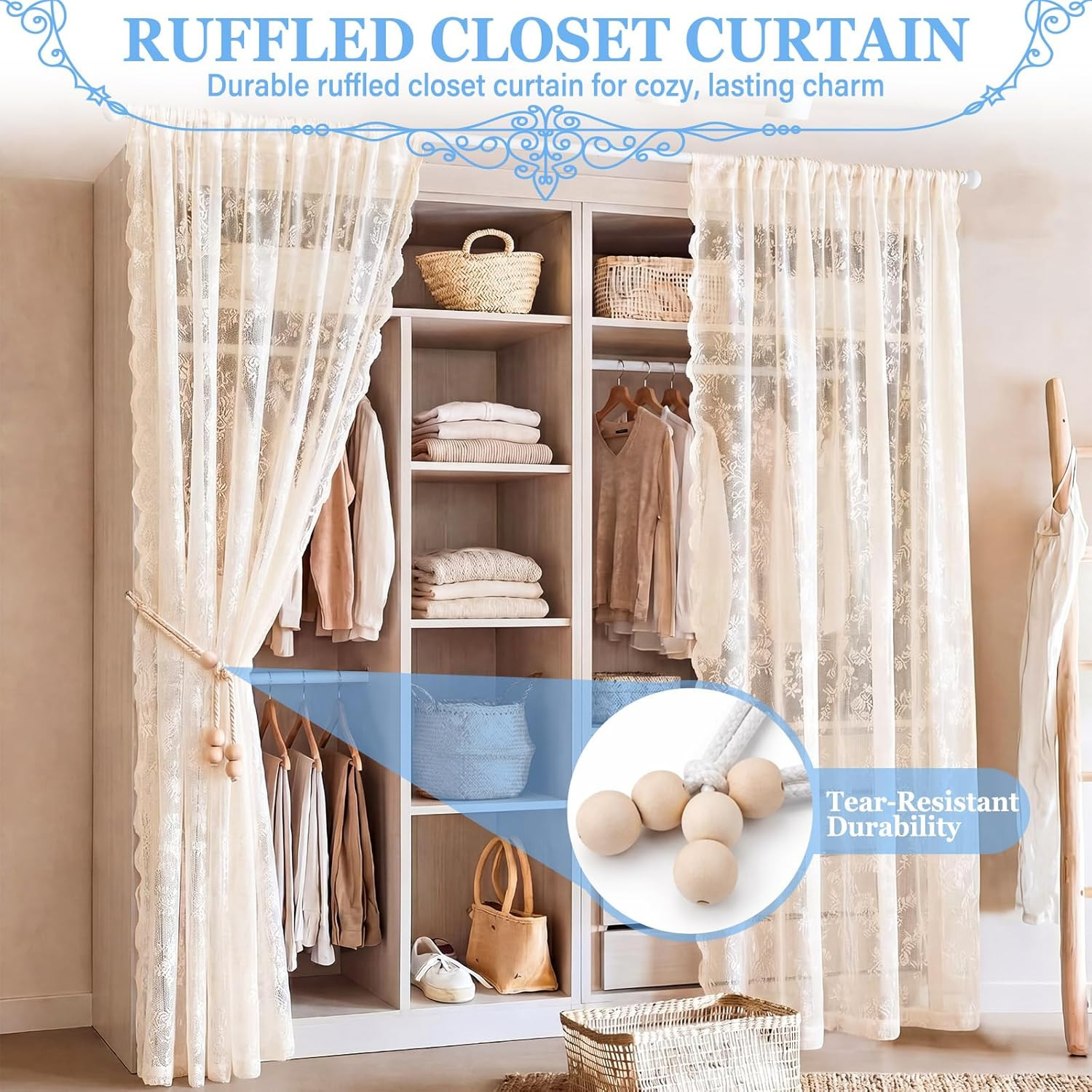 2 Pcs 78 X 80 Inch Lace Ruffled Closet Curtain for Open Closet Vintage Lace Door