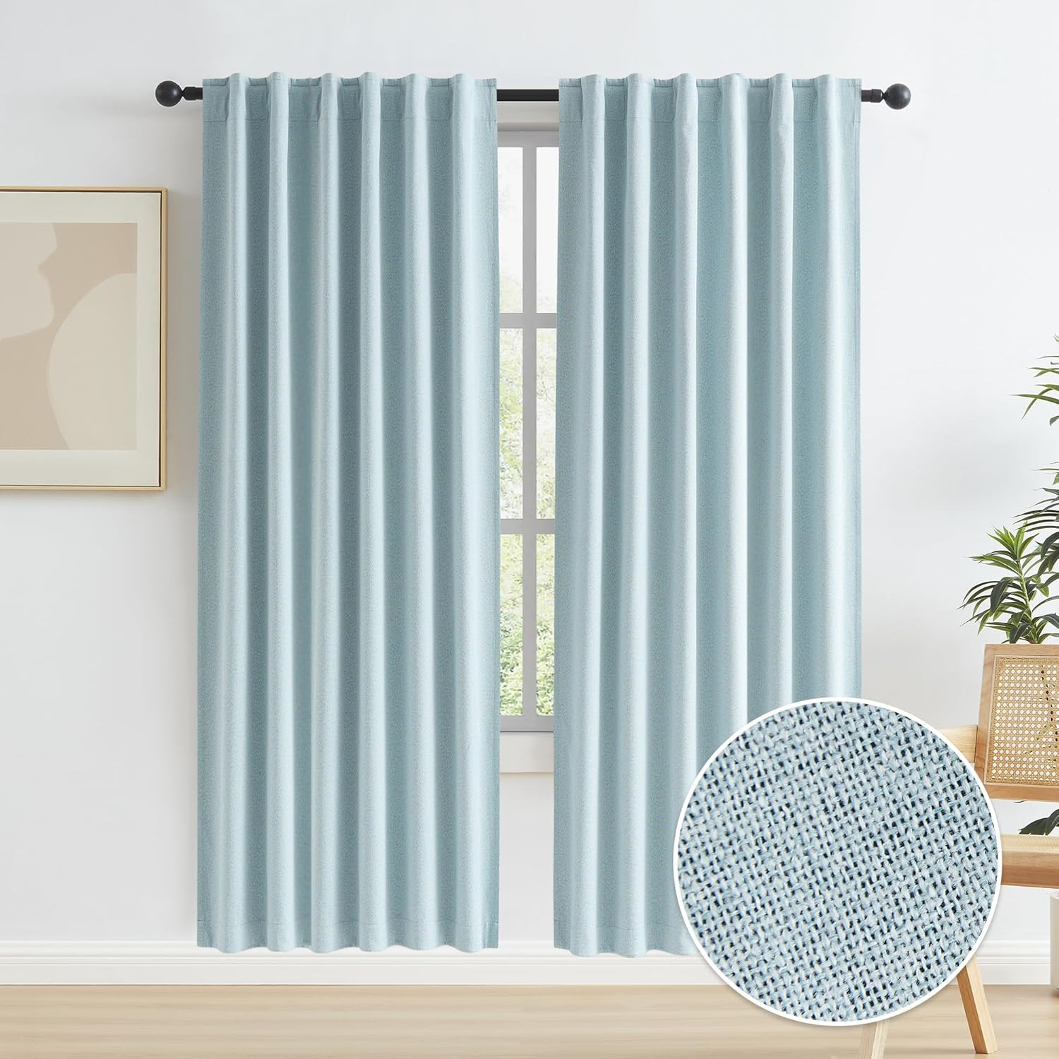 Light Sky Blue Blackout Linen Door Curtains, Energy Smart & Noise Reducing Pair