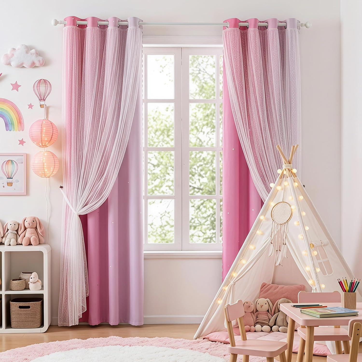 Pink Curtains 84 Inches Long Star Cut Out Decor for Girls Bedroom Kids Room Ombr
