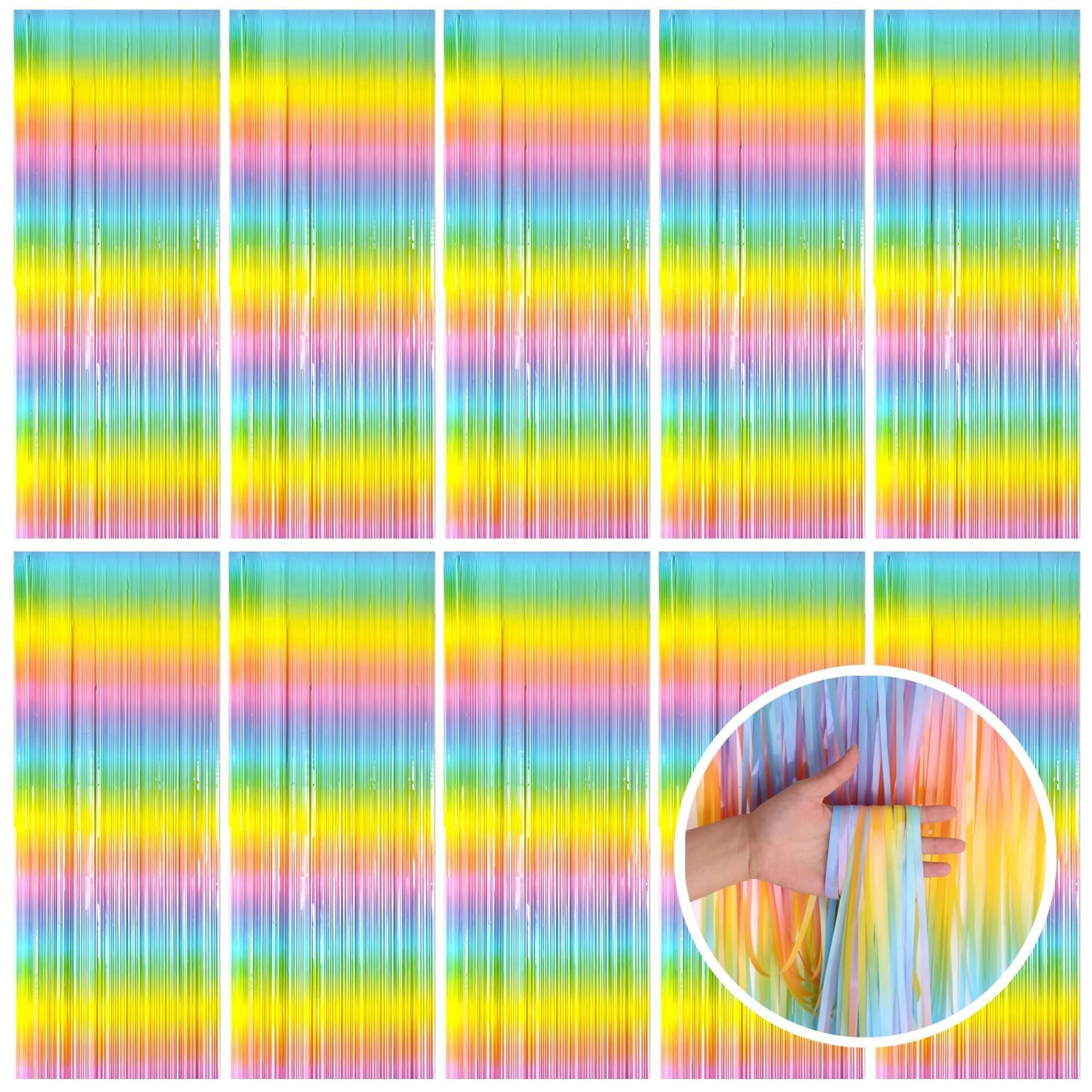 Pastel Rainbow Foil Fringe Curtain Streamers – Tinsel Backdrop for Birthday Part